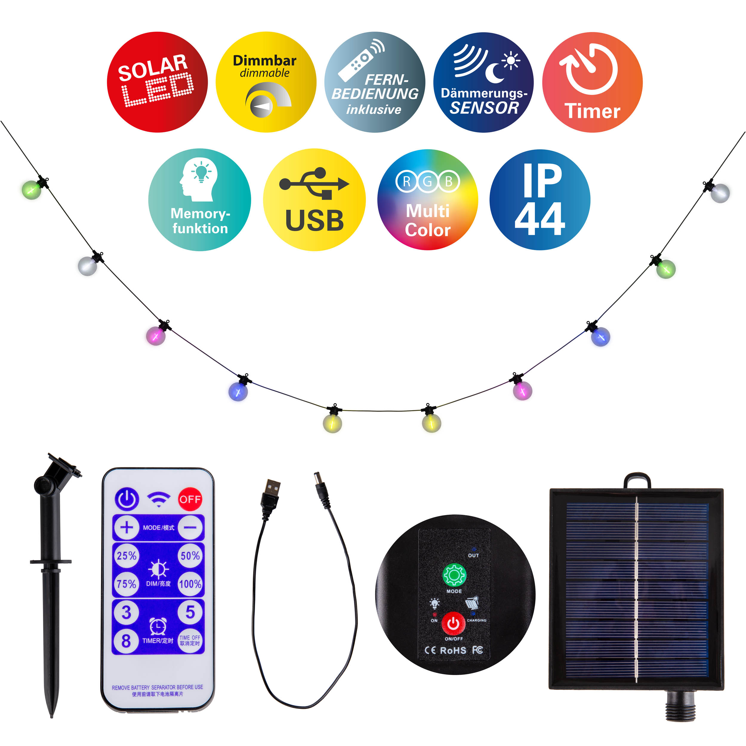 Solar-LED-Lichterkette mit mehrfarbigen Glühbirnen. Verschiedene Symbole zeigen Funktionen.