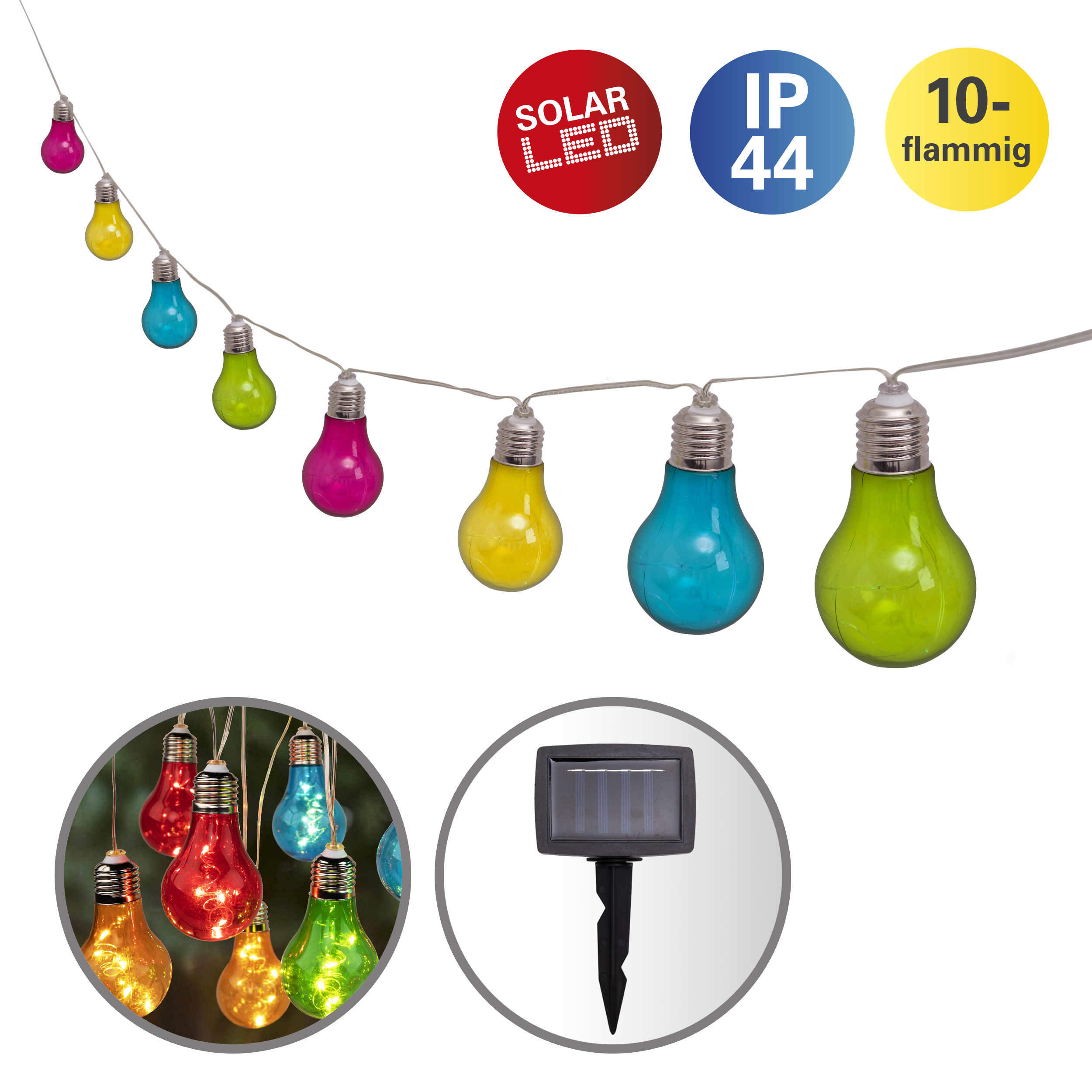 Catena di luci con lampadine colorate. Include pannello solare e grado IP44. 10 luci in totale.