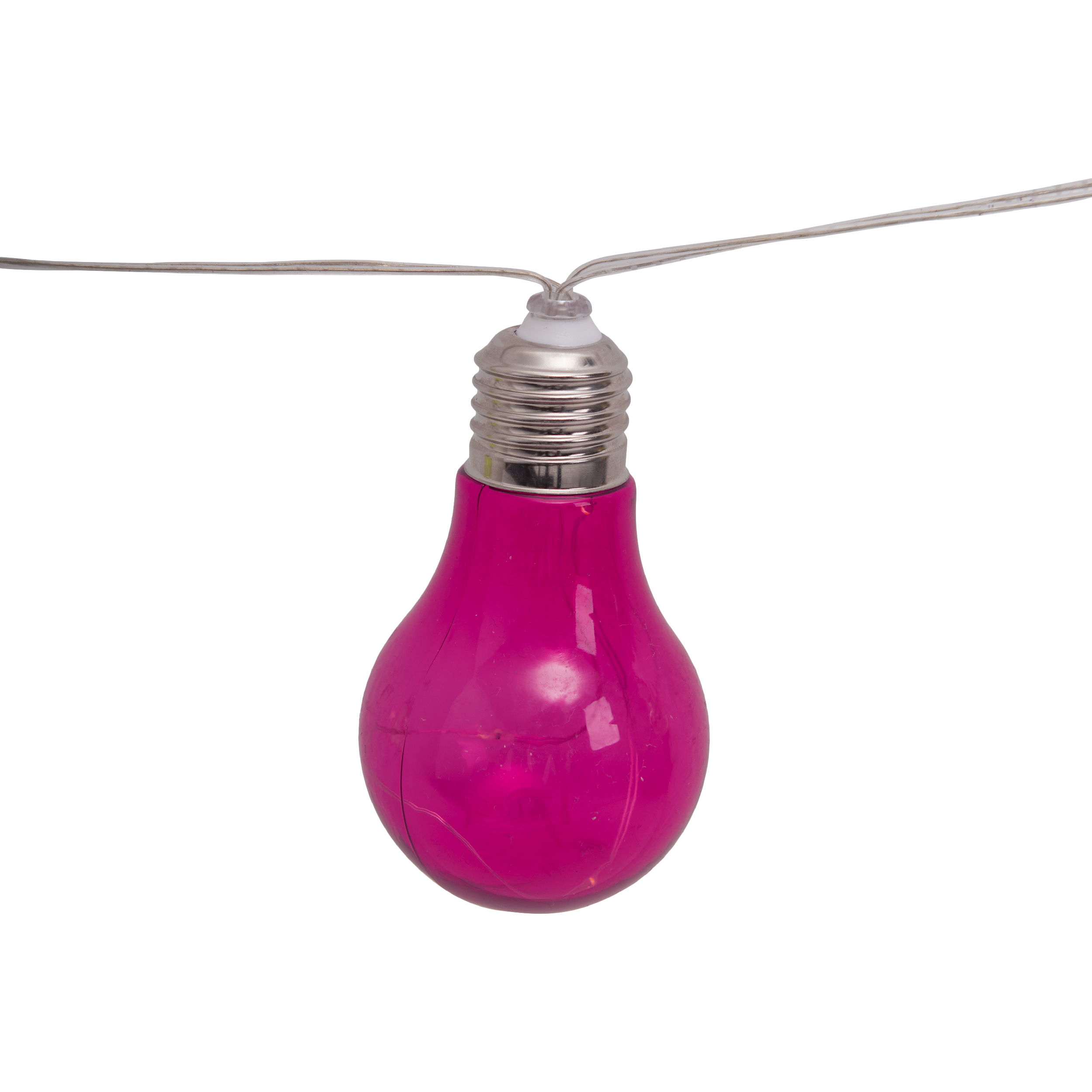 Una singola lampadina rosa brillante, con base metallica e filamento visibile.