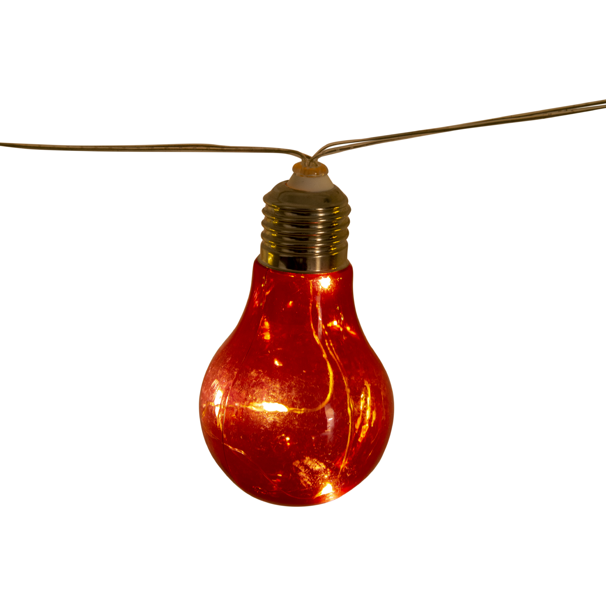 Una singola lampadina rosso brillante, con base metallica e filamento visibile.
