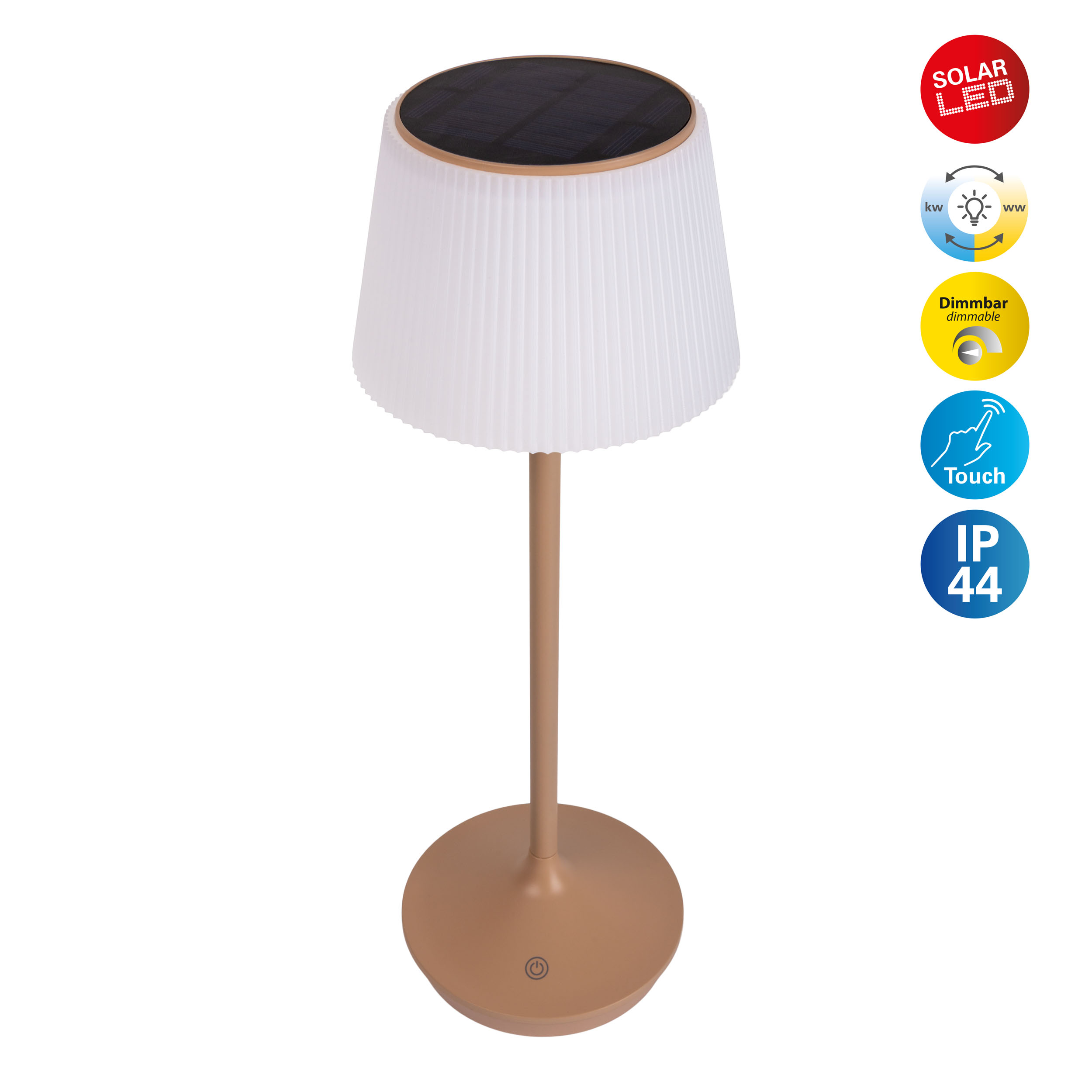 Eine weiße Lampe mit braunem Fuß. Die Lampe hat einen plissierten Schirm und Solar-LED-Funktionen.