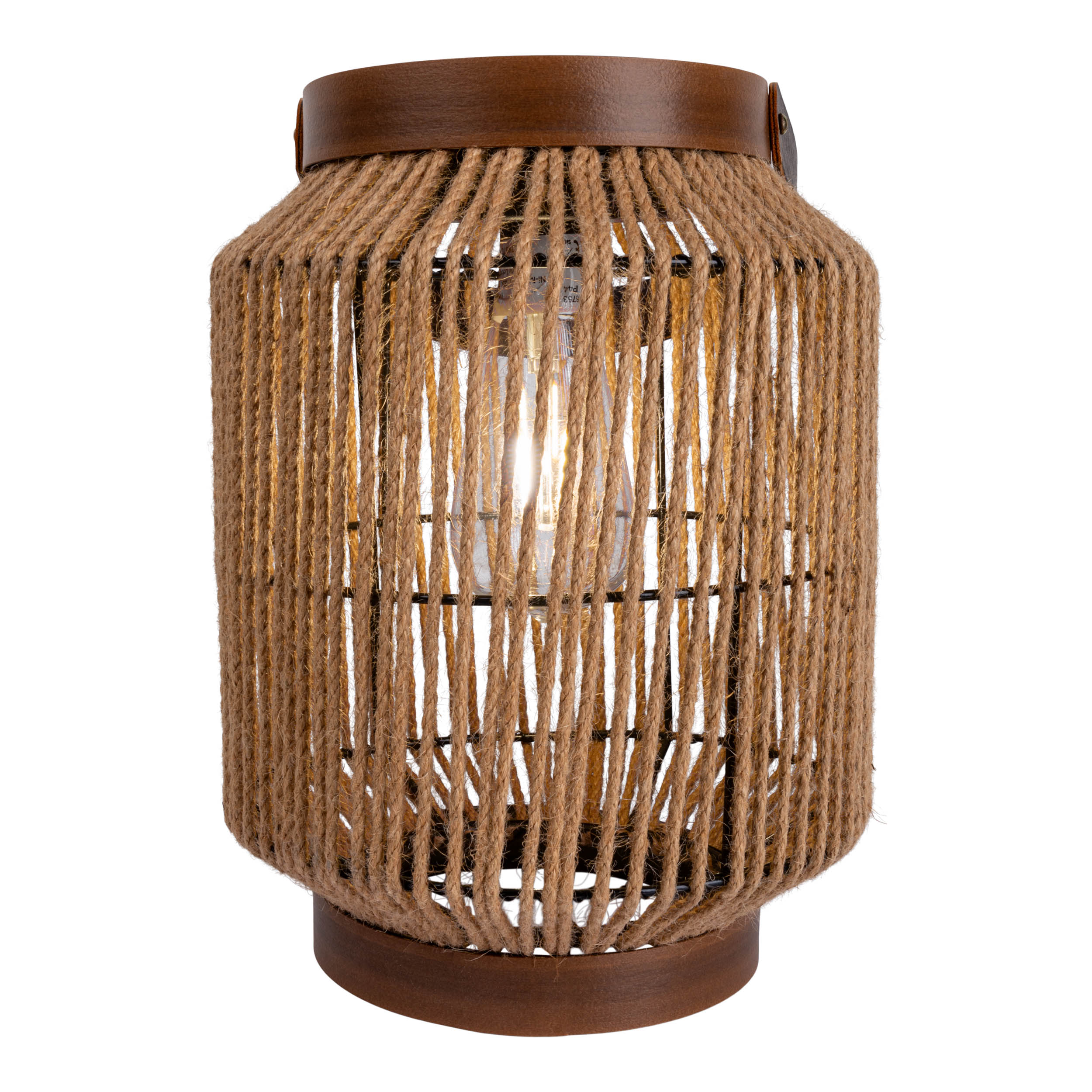 Eine braune, mit Seil umwickelte Lampe mit Glühbirne und Holzsockel, vor weißem Hintergrund.