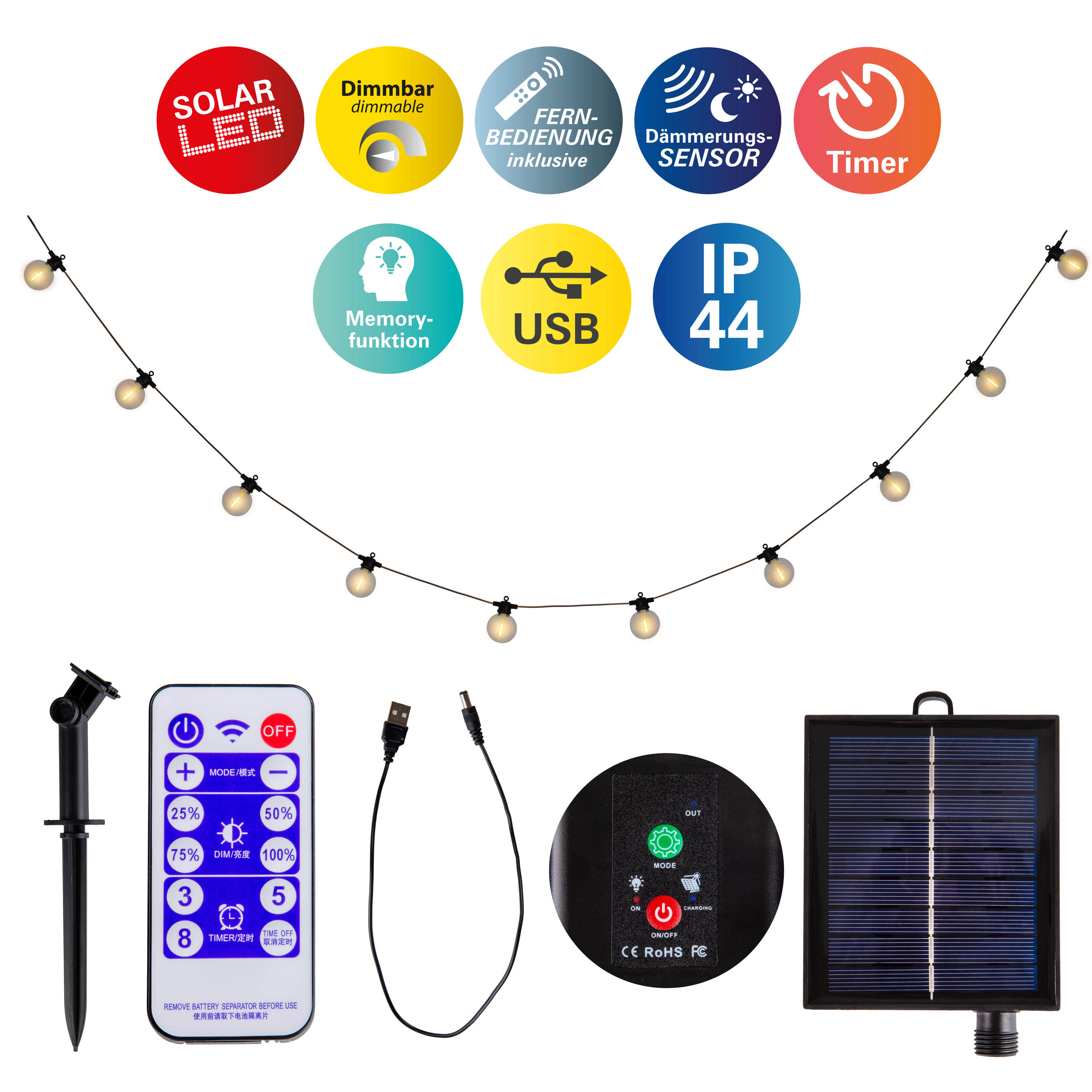 Lichterkette mit Symbolen, Fernbedienung und Solarpanel, alles auf Weiß.