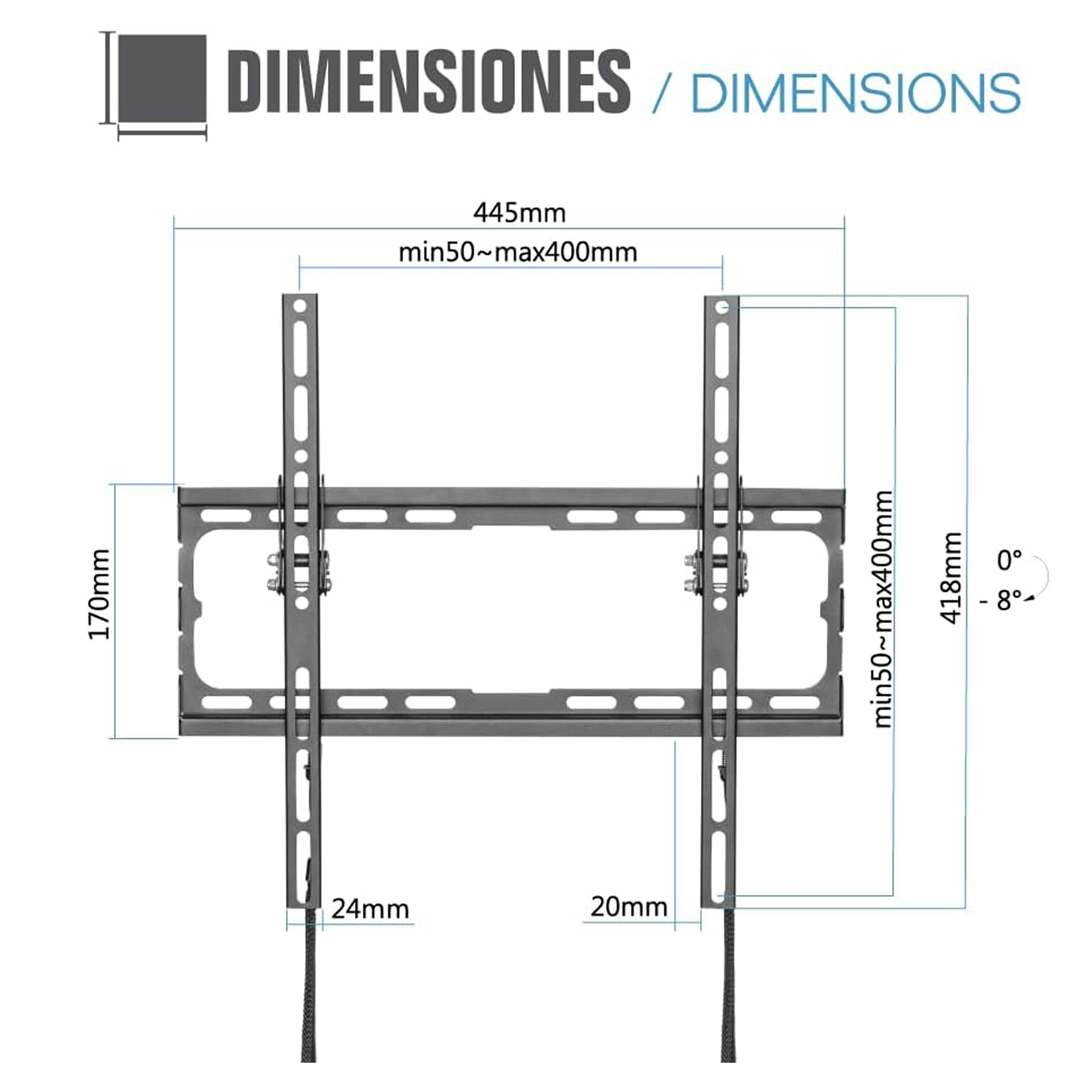 Diagrama que muestra las dimensiones de un soporte de TV. Las etiquetas de texto incluyen medidas en mm y ángulos.