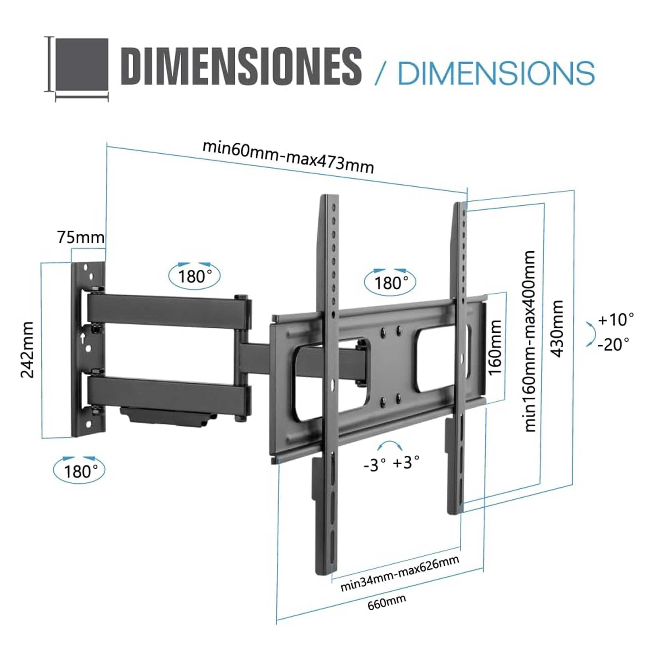 Soporte de TV negro con múltiples articulaciones, se muestran las medidas. Los ángulos y las medidas están etiquetados.