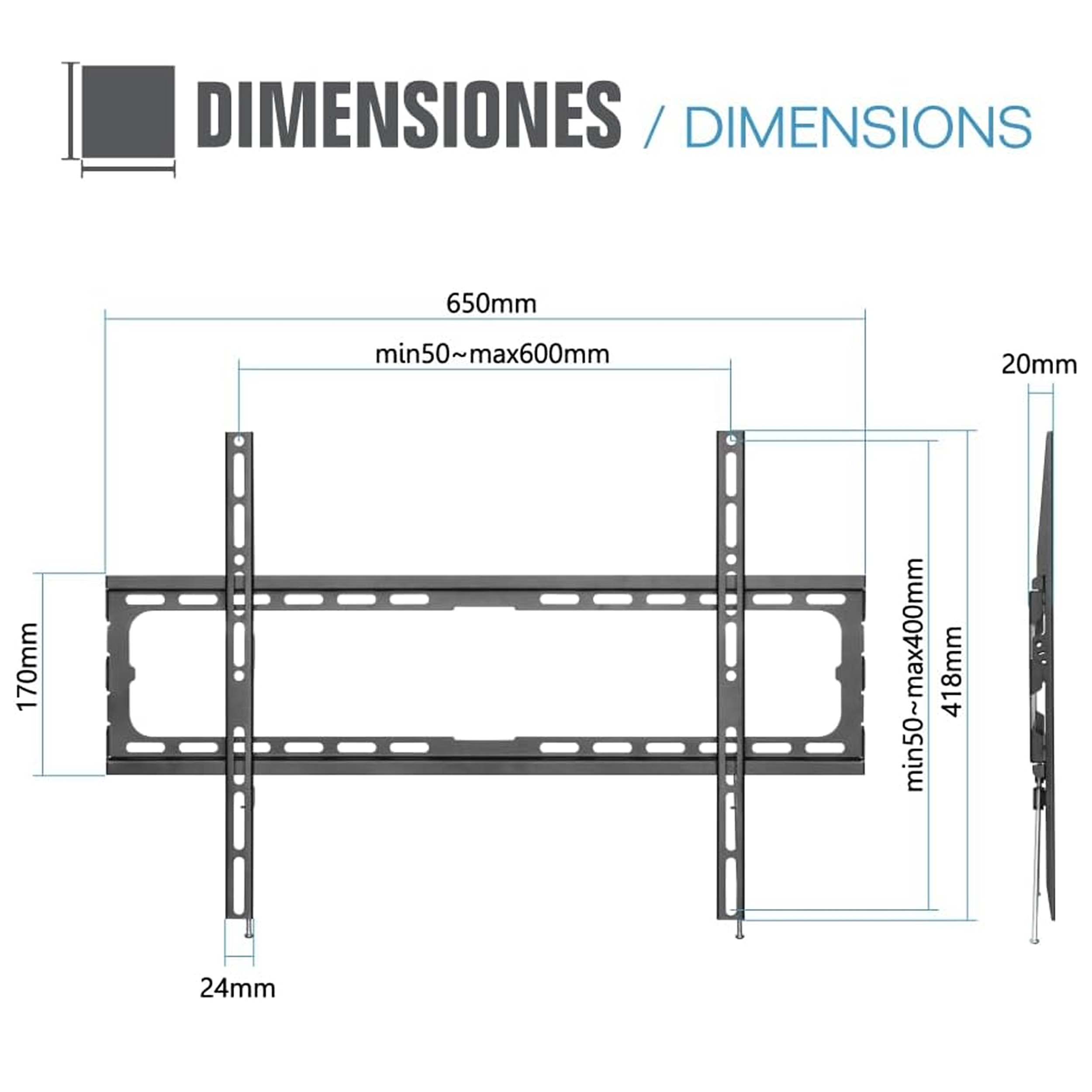 Diagrama que muestra las dimensiones de un soporte de TV. Las etiquetas de texto incluyen medidas en mm y ángulos.