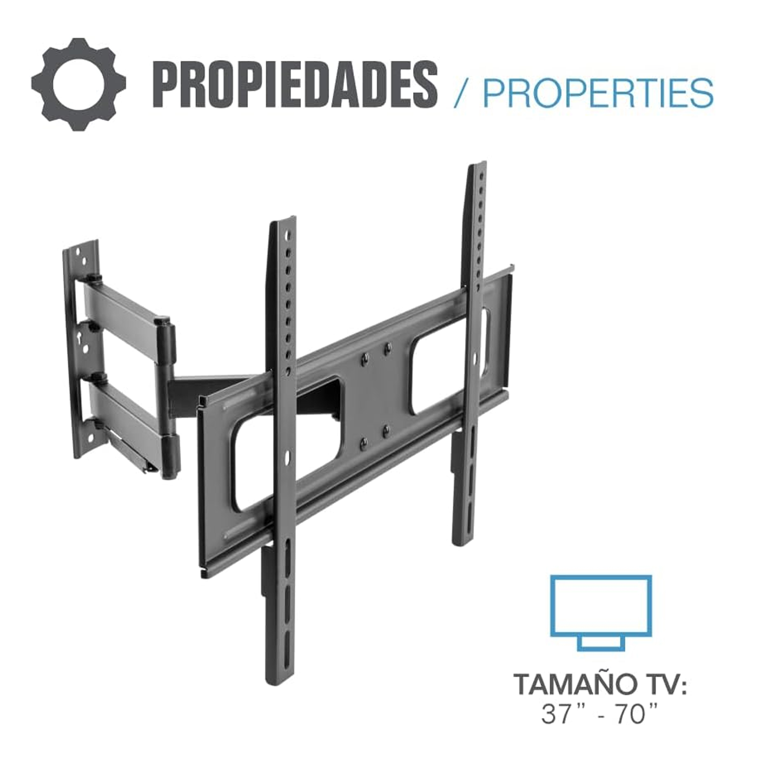 Soporte de pared para TV negro que muestra un rango de tamaño de TV de 37"-70". El diseño del soporte es visible.