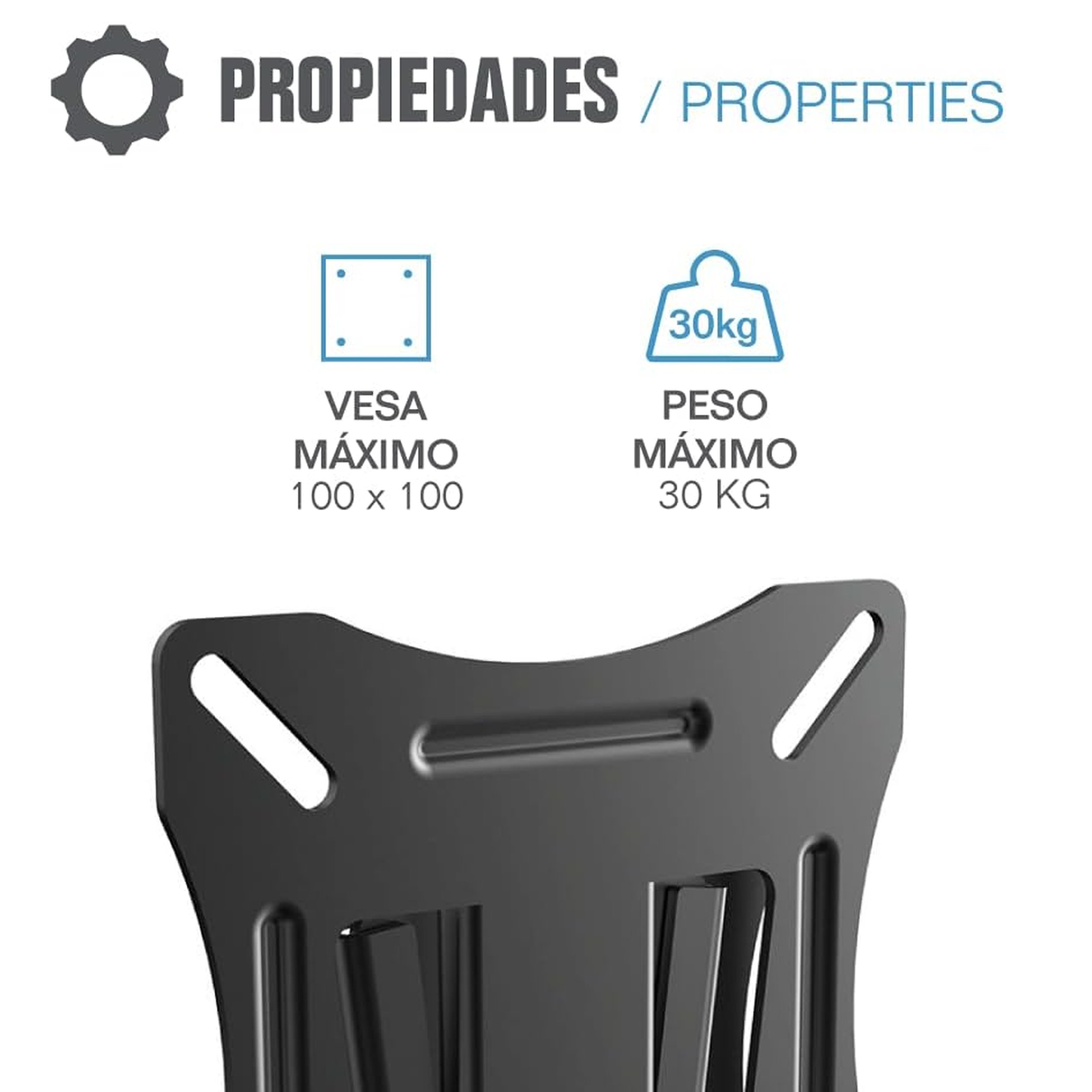 Supporto TV nero con VESA max 100x100 e peso max 30 kg. Design semplice.