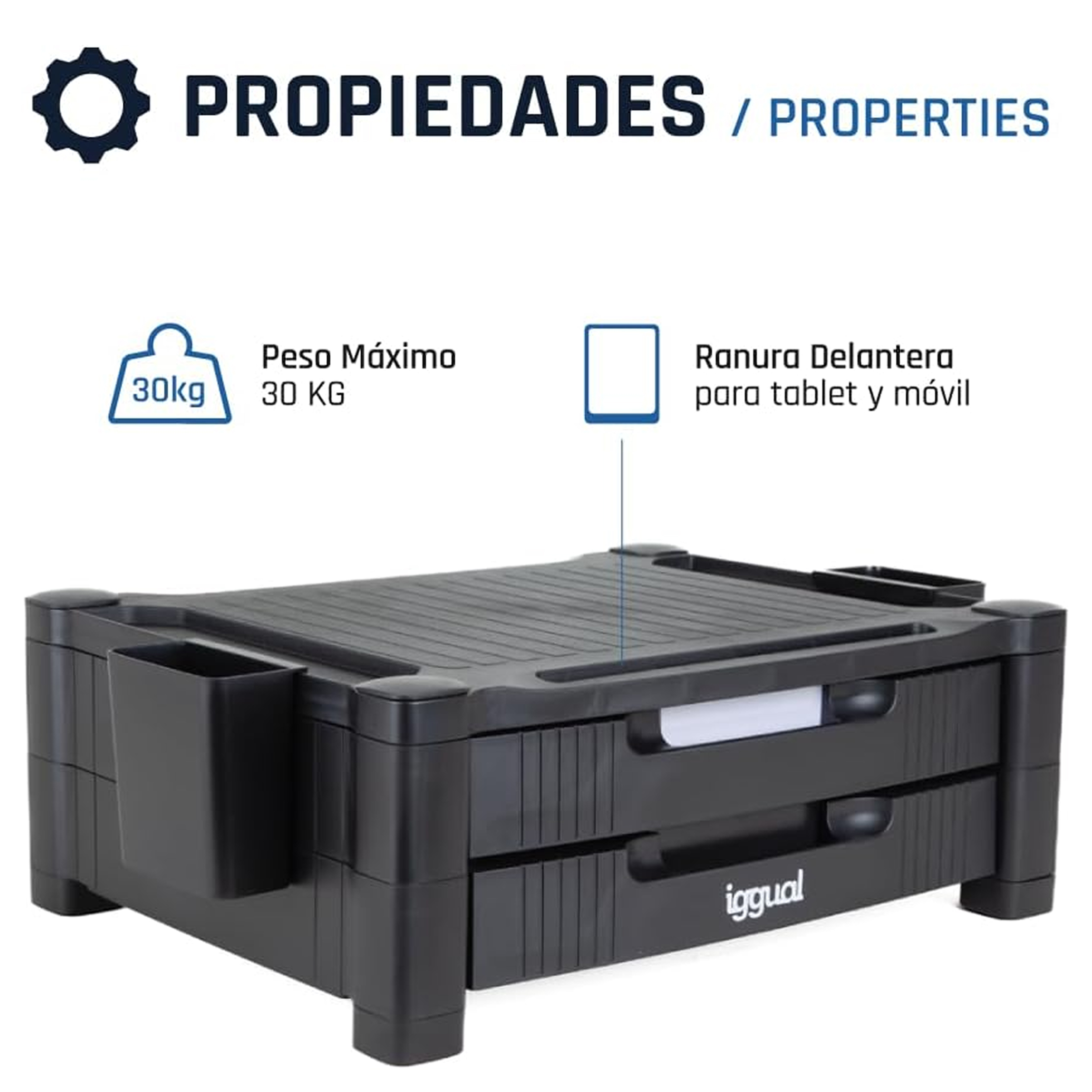 Organizador de escritorio negro con cajones, portalápices y ranura para tableta. Peso máximo 30kg.