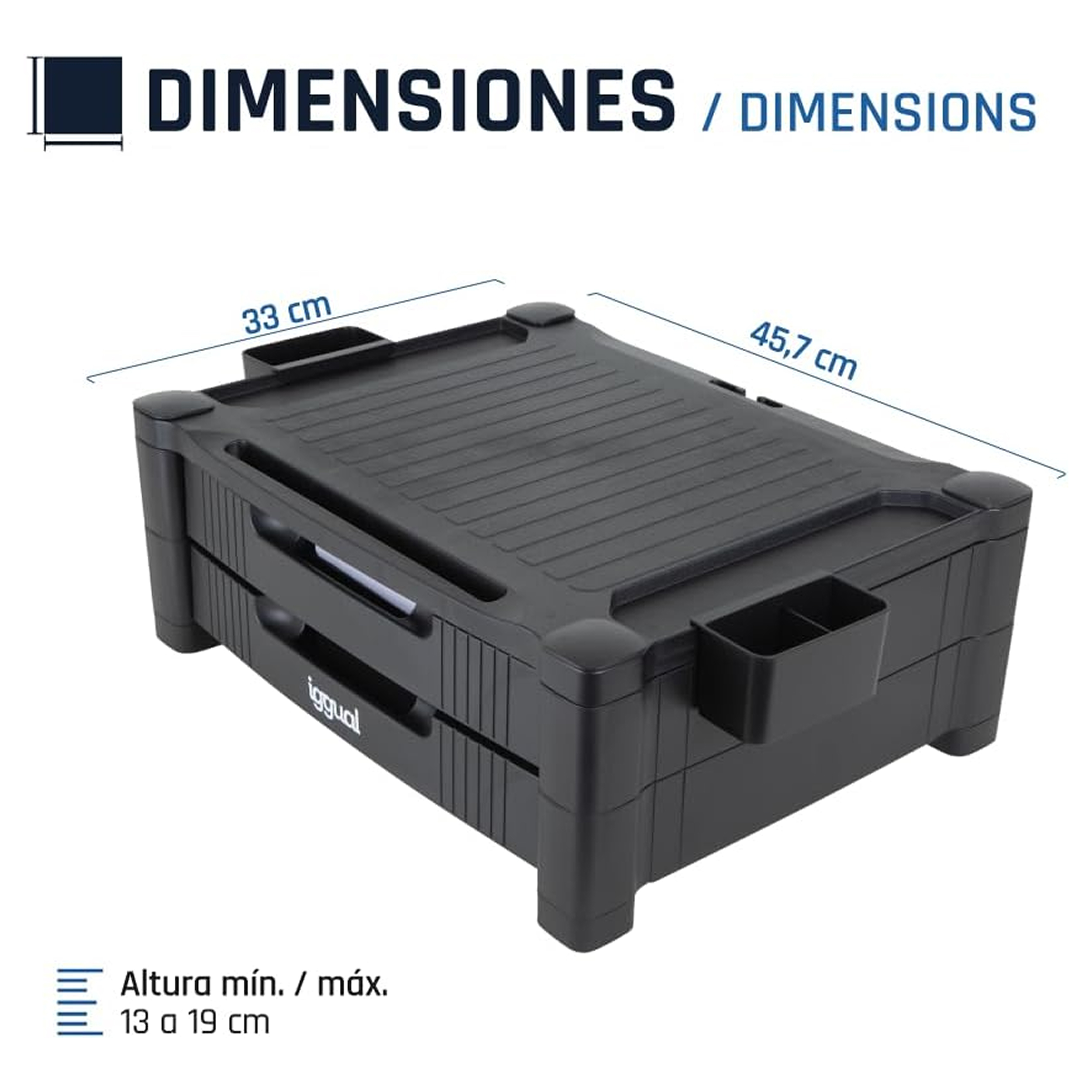 Organizador de escritorio negro con dos cajones, dimensiones etiquetadas. Incluye portalápices y ranura para tablet.