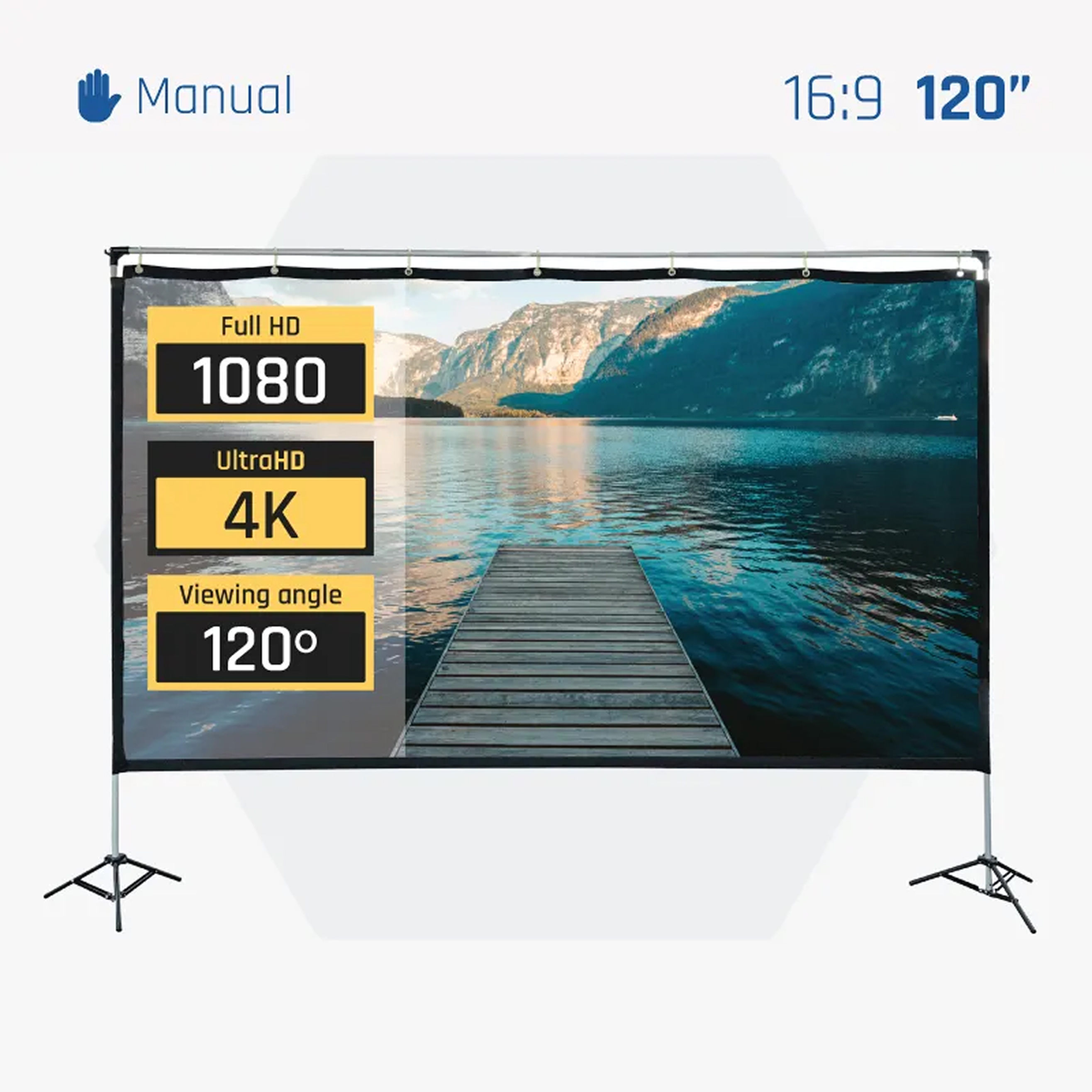 Pantalla de proyector al aire libre con escena de lago. Texto indica Full HD, Ultra HD y ángulo de visión de 120°.
