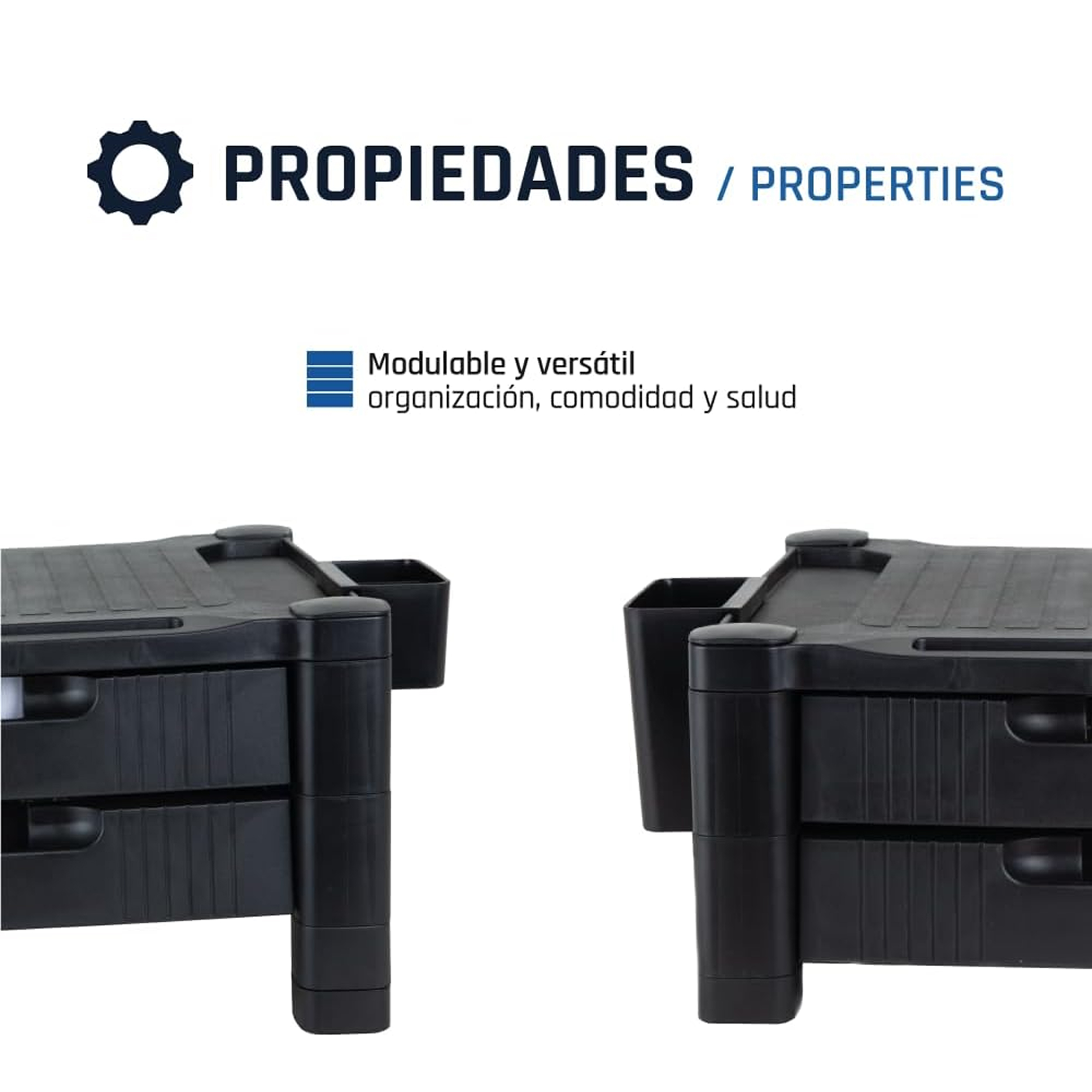 Dos organizadores de escritorio negros. Texto indica que son modulares y versátiles, promoviendo orden y comodidad.