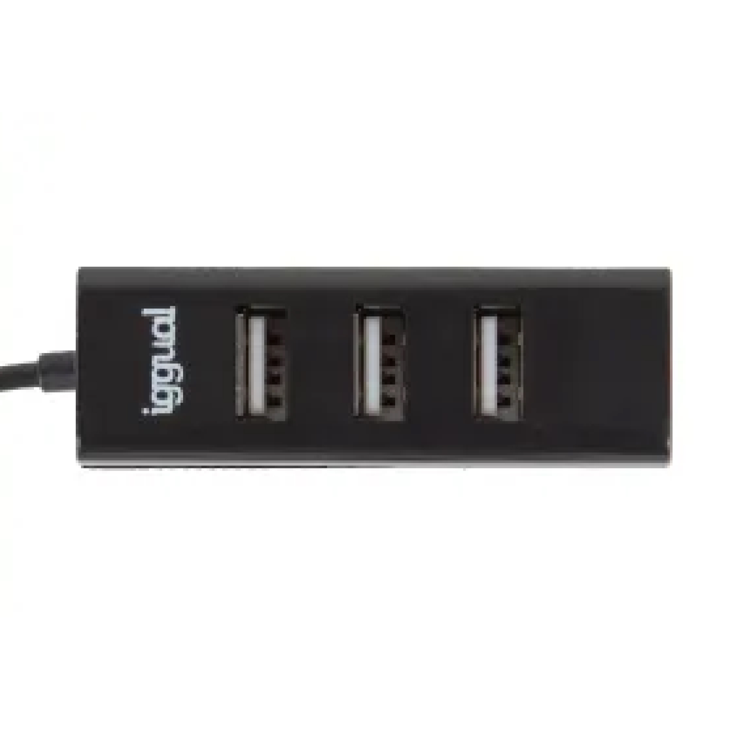 Un concentrador USB negro con tres puertos USB y el logotipo "iggual" sobre un fondo blanco.