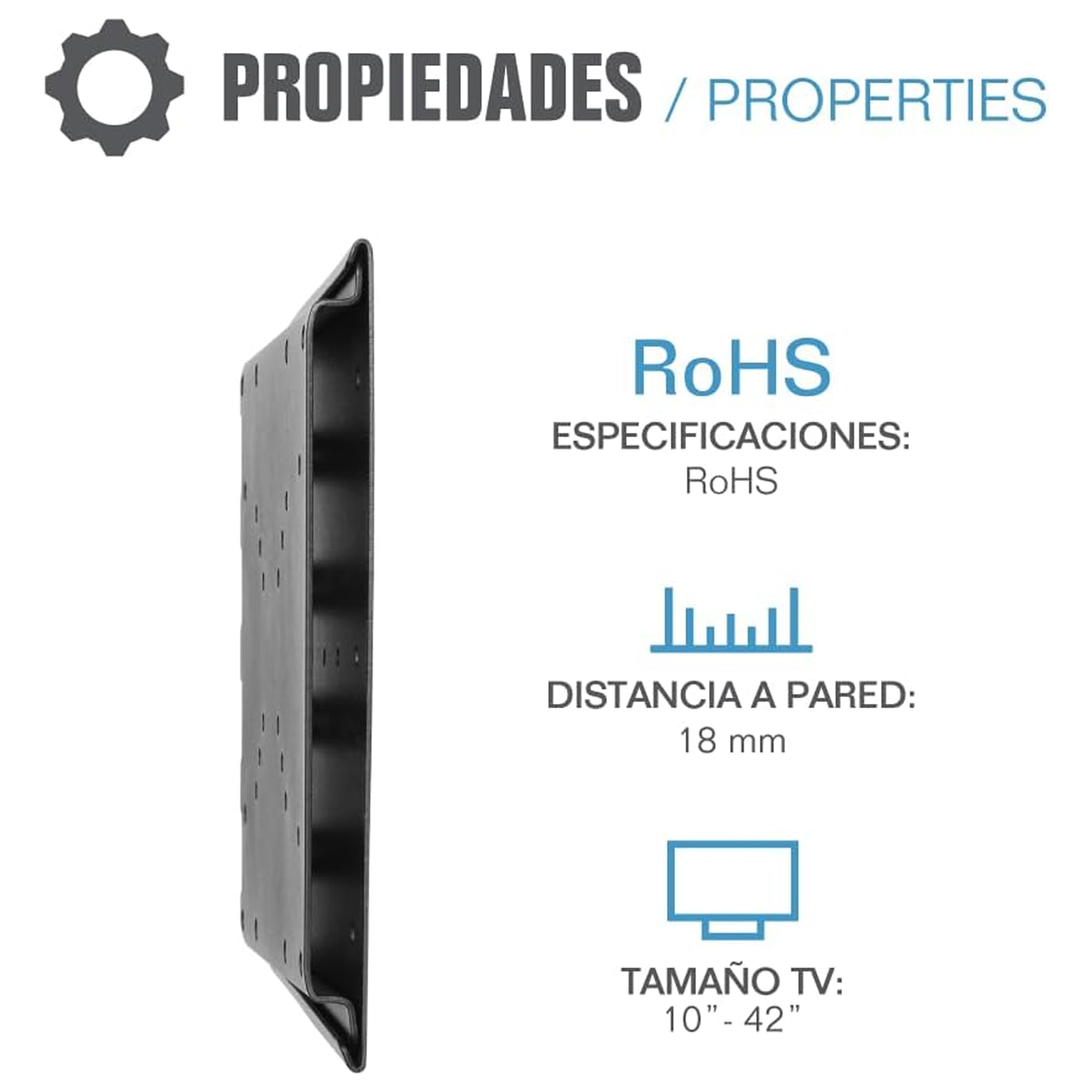 Schwarze Wandhalterung mit Spezifikationen: RoHS, 18 mm Wandabstand, und 10"-42" TV-Größe.