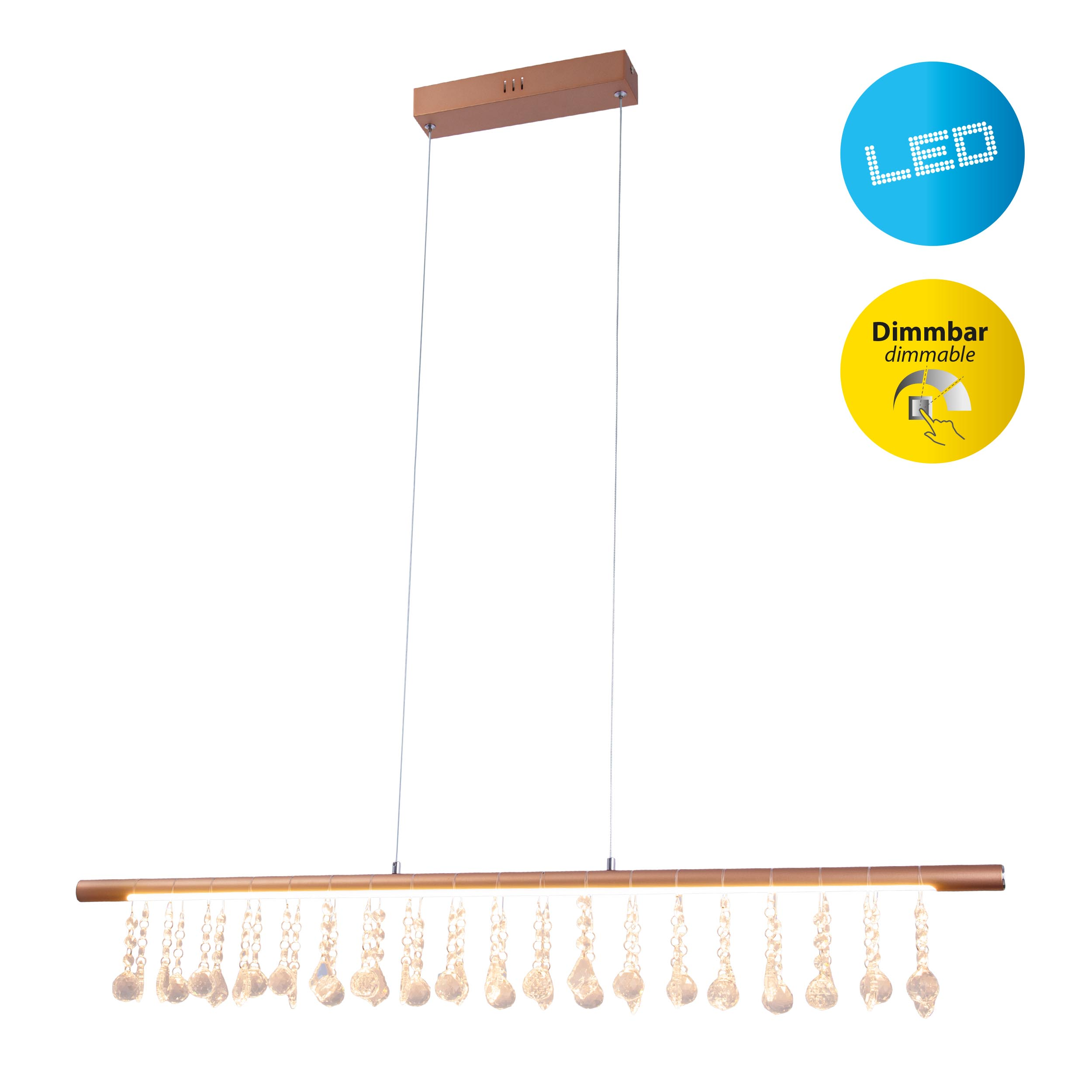 Eine kupferfarbene LED-Pendelleuchte mit hängenden Kristalltropfen, mit dimmbaren und LED-Symbolen.