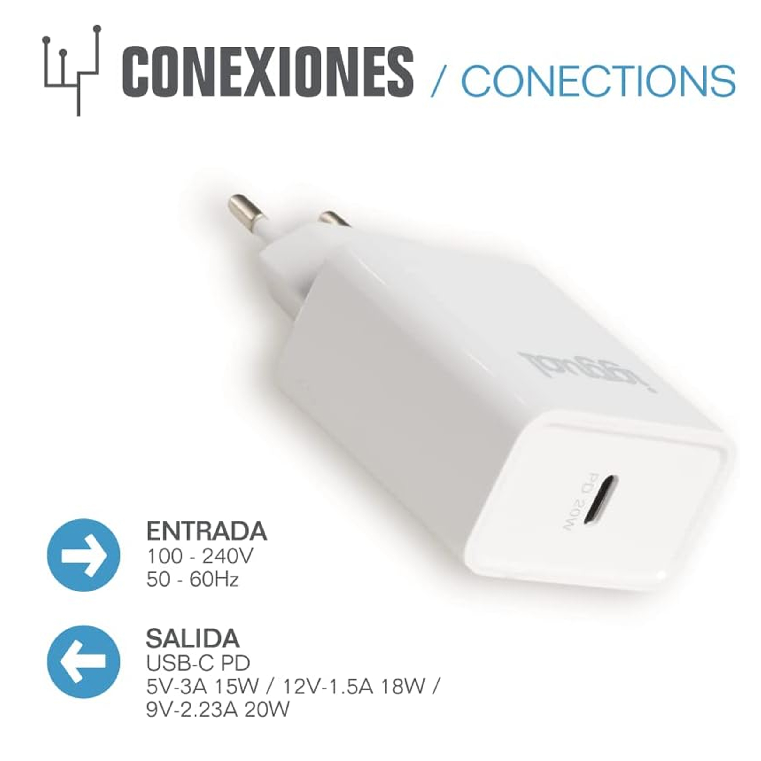 Cargador blanco con texto, símbolos de entrada/salida y datos sobre fondo blanco.