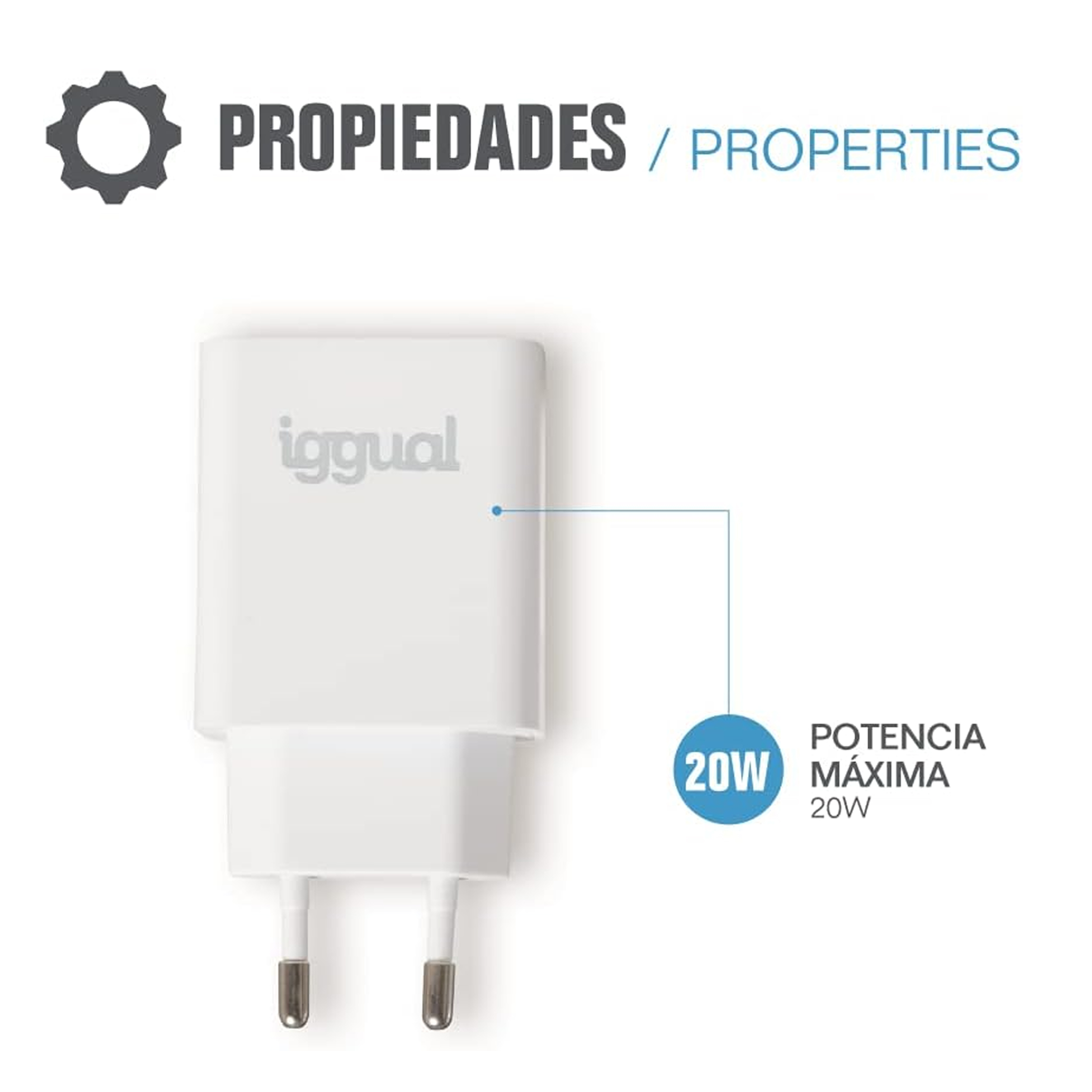 Un cargador USB blanco con el logotipo "iggual" y un círculo azul que indica una salida de potencia de 20W.