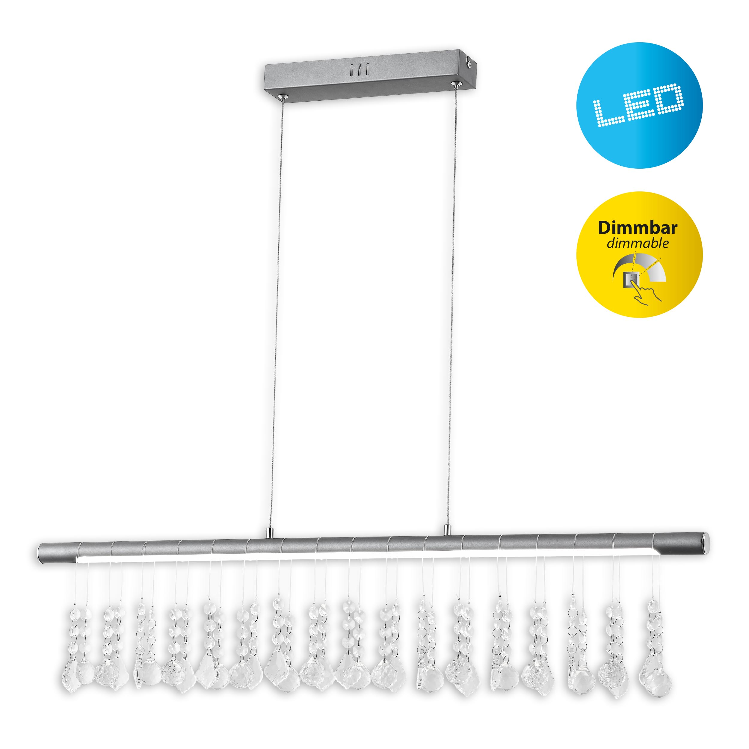 Eine silberne LED-Pendelleuchte mit Kristallen und dimmbaren und LED-Symbolen auf weißem Hintergrund.