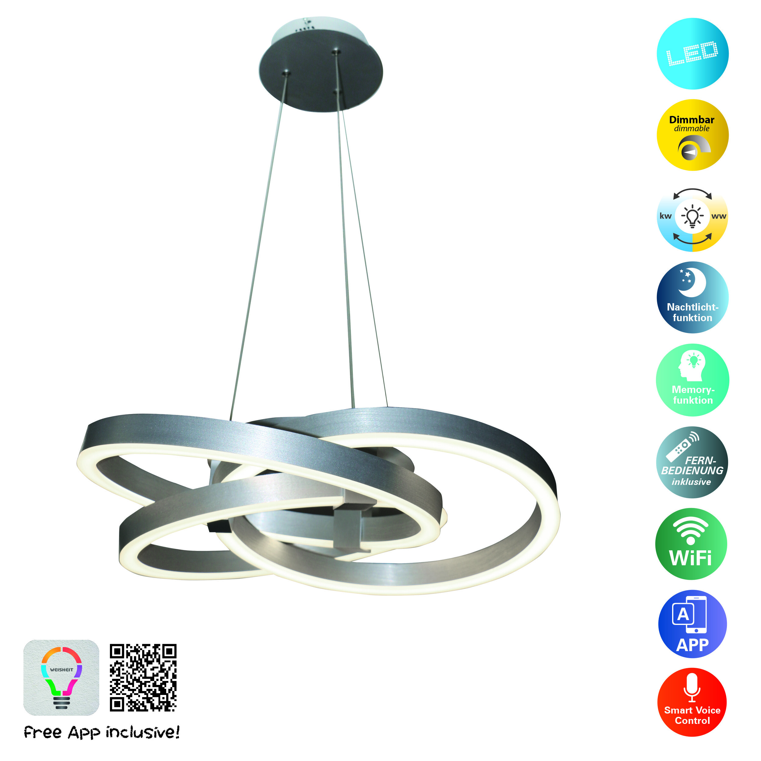 Ein silberner Kronleuchter mit komplexem Design. Er hat ein LED-Label oben rechts und viele Symbole links.