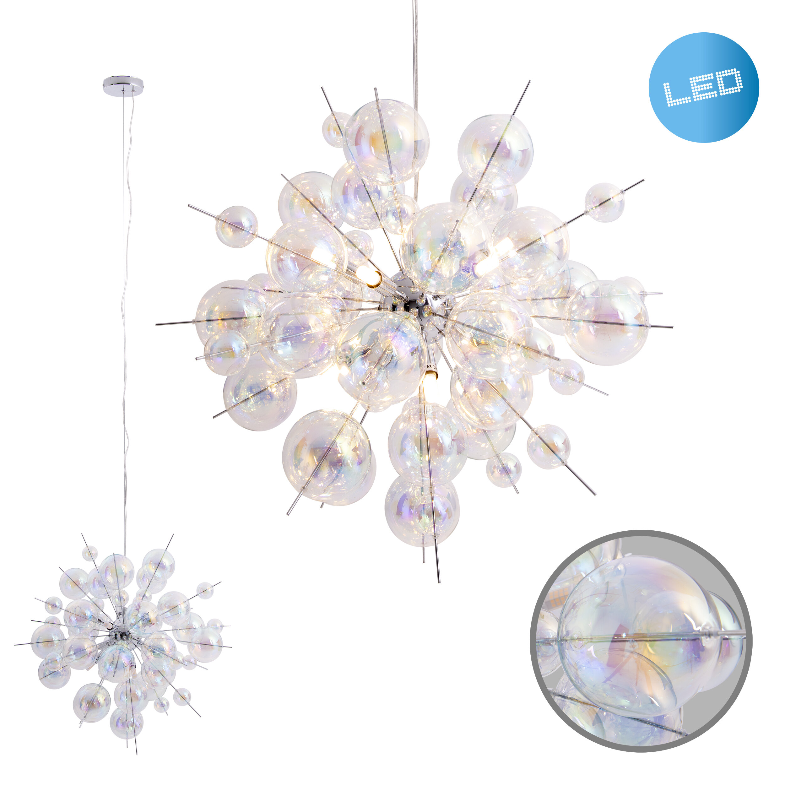 Ein Kronleuchter mit mehreren gläsernen, blasenartigen Lichtern. Weißer Hintergrund mit LED-Aufkleber.