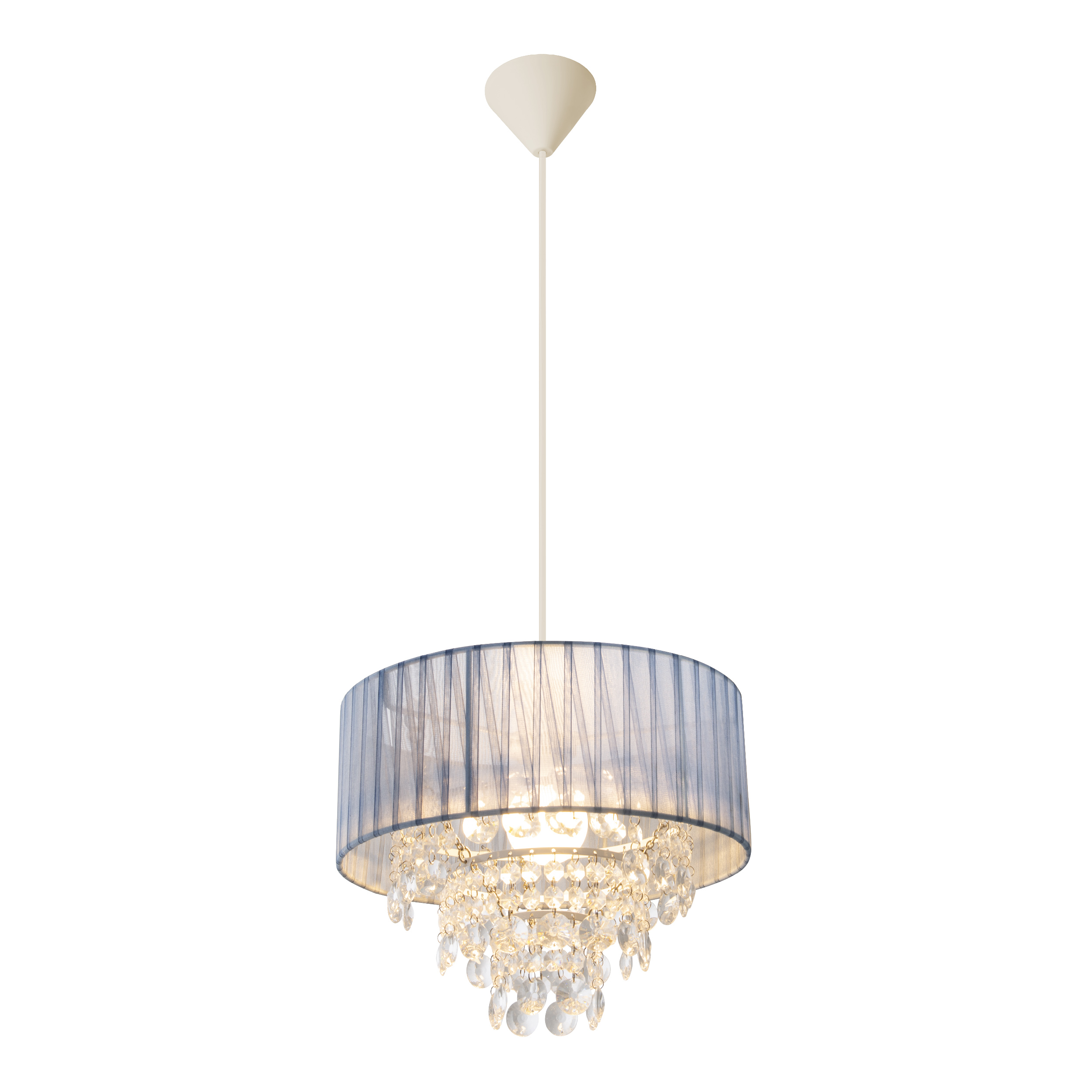 Lustre en tissu bleu avec des accents de cristal et support plafond blanc.