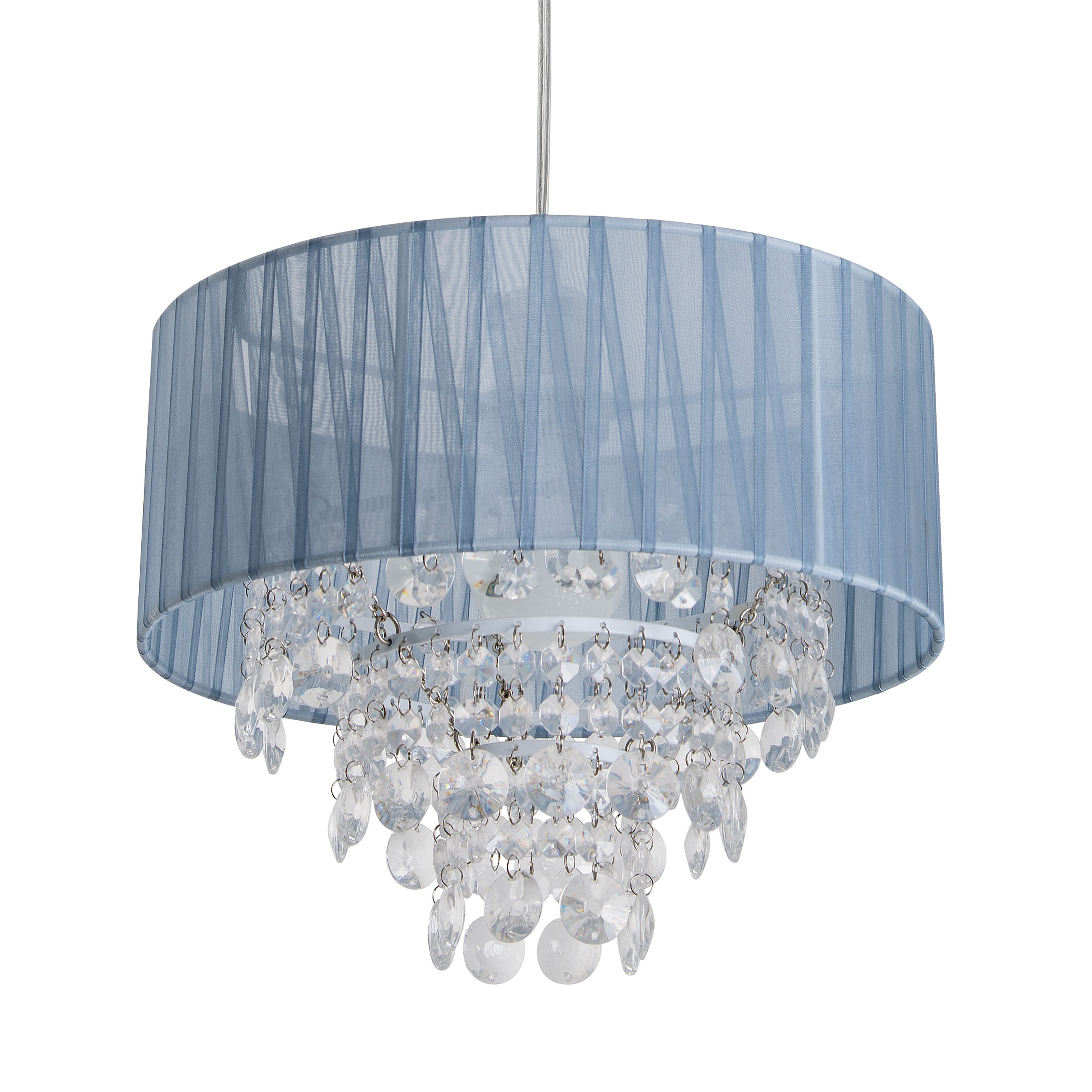 Lustre en tissu bleu avec des accents de cristal.