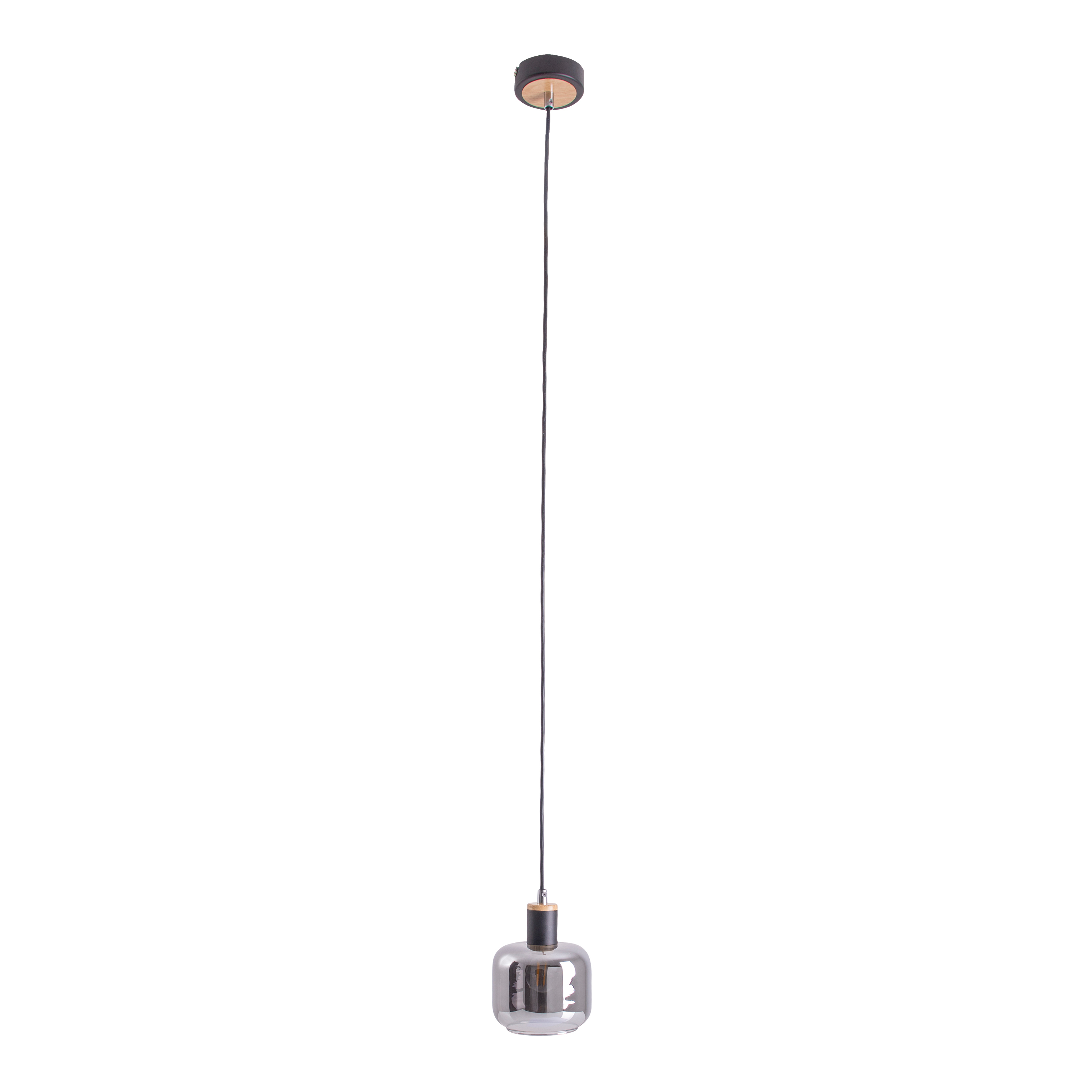 Eine einzelne Glas-Pendelleuchte mit schwarzem Sockel und einer Glühbirne. Weißer Hintergrund.