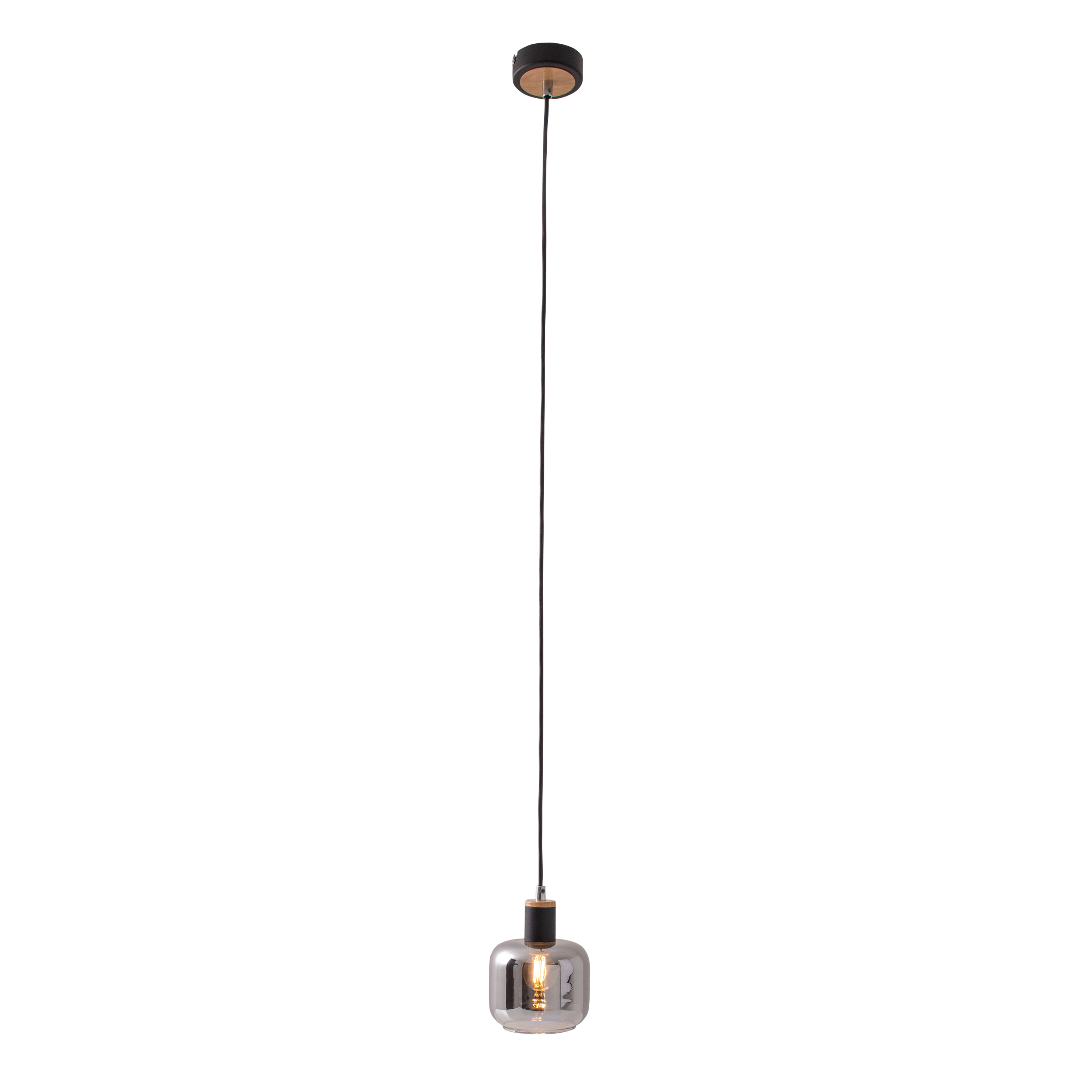 Eine einzelne Glas-Pendelleuchte mit schwarzem Sockel und einer Glühbirne. Weißer Hintergrund.