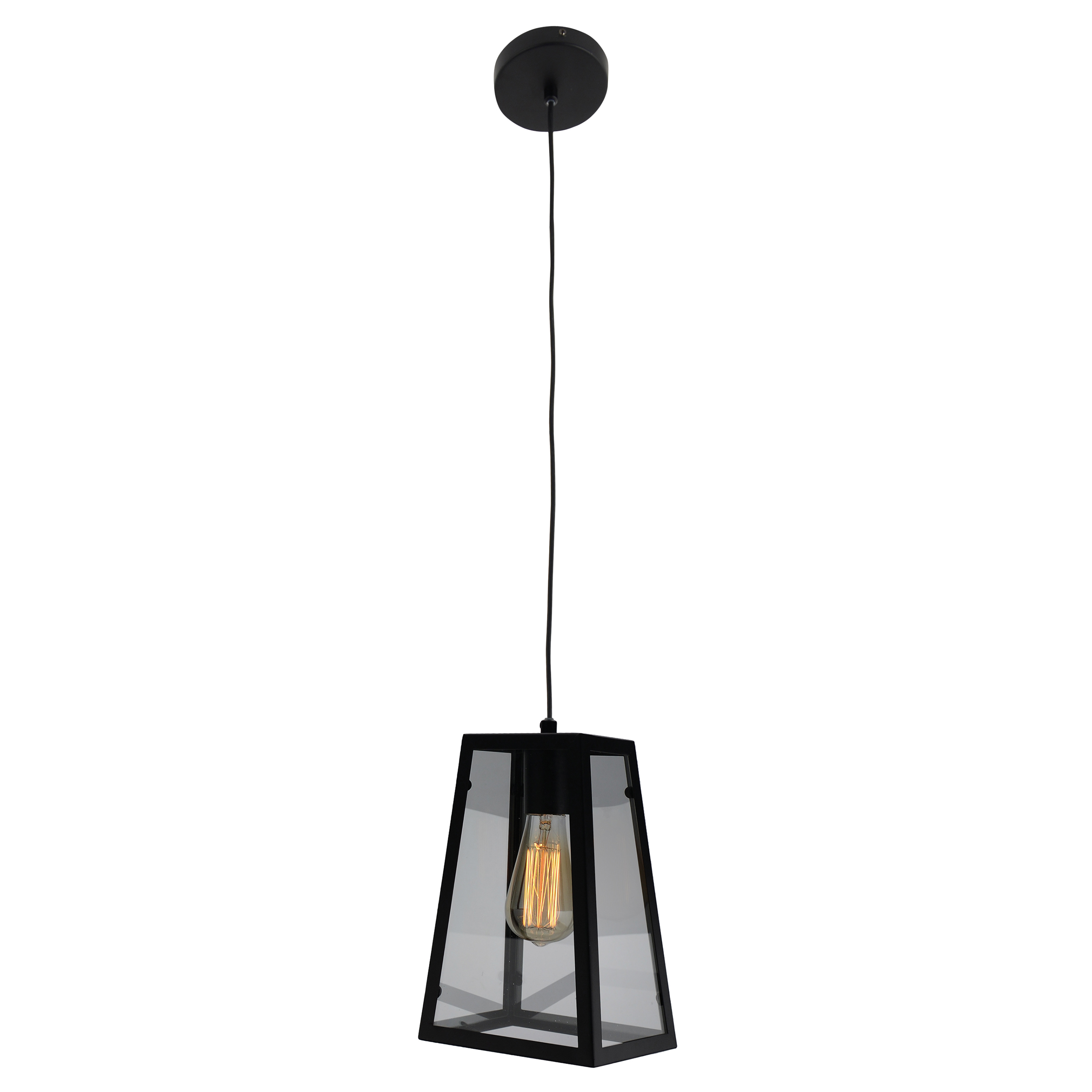 Eine schwarze, geometrische Leuchte mit Glasseiten und einer sichtbaren Glühbirne. Sie hängt an einem schwarzen Draht.