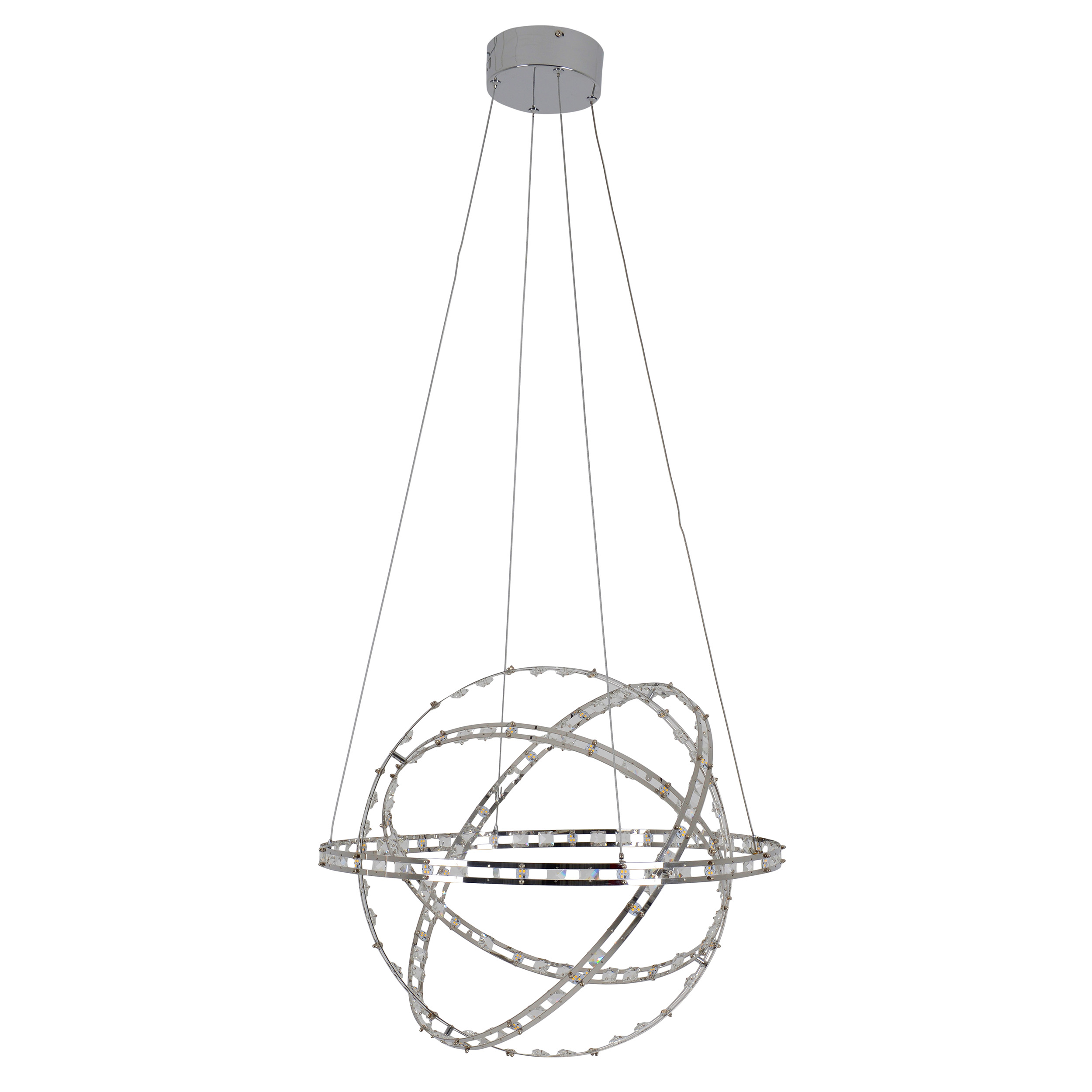 Eine silberne Leuchte mit verbundenen Ringen mit winzigen Lichtern. Sie hängt an einem dünnen Draht.