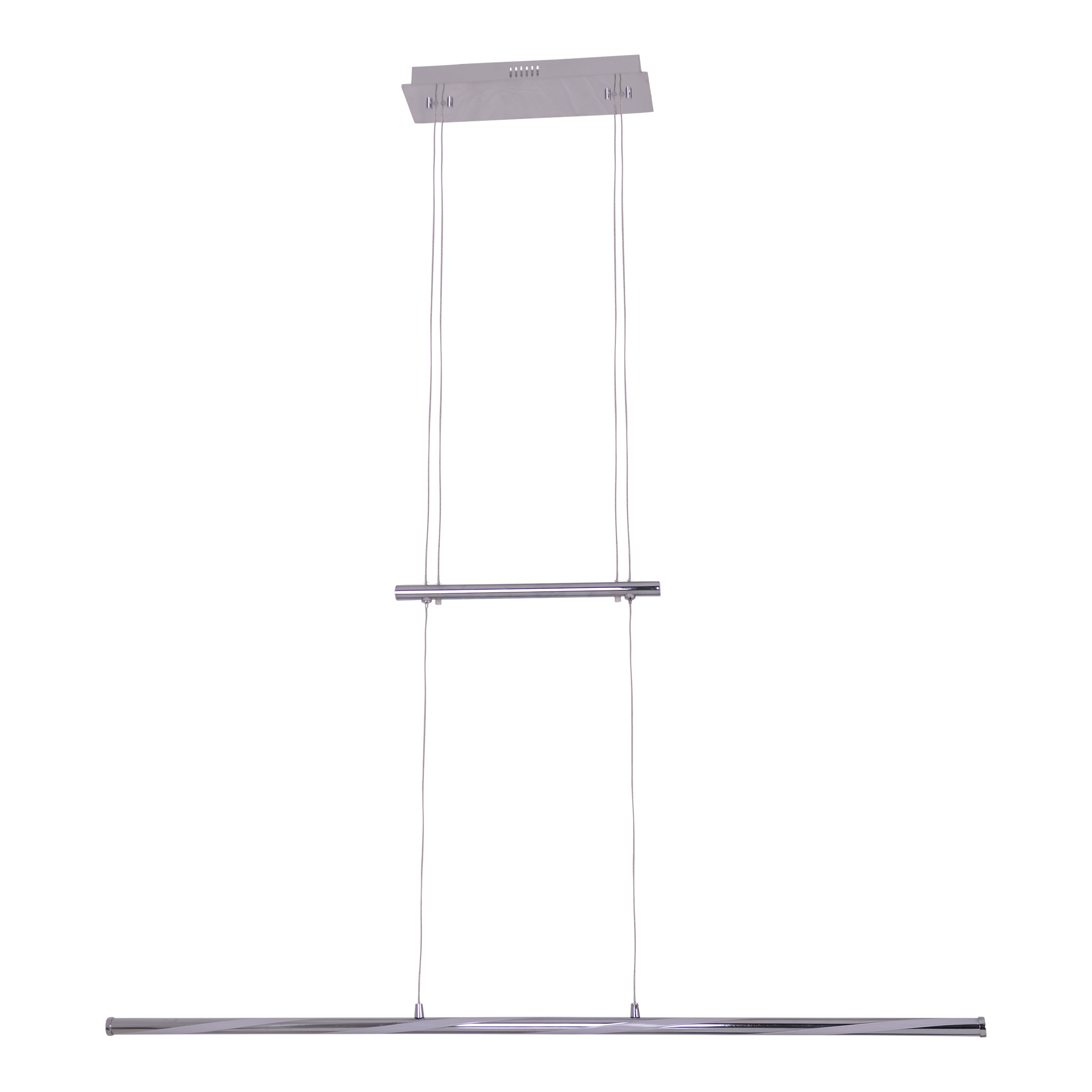 Silberne, moderne Pendelleuchte mit zwei horizontalen Stäben und einer langen, dünnen, gebogenen Lichtquelle.