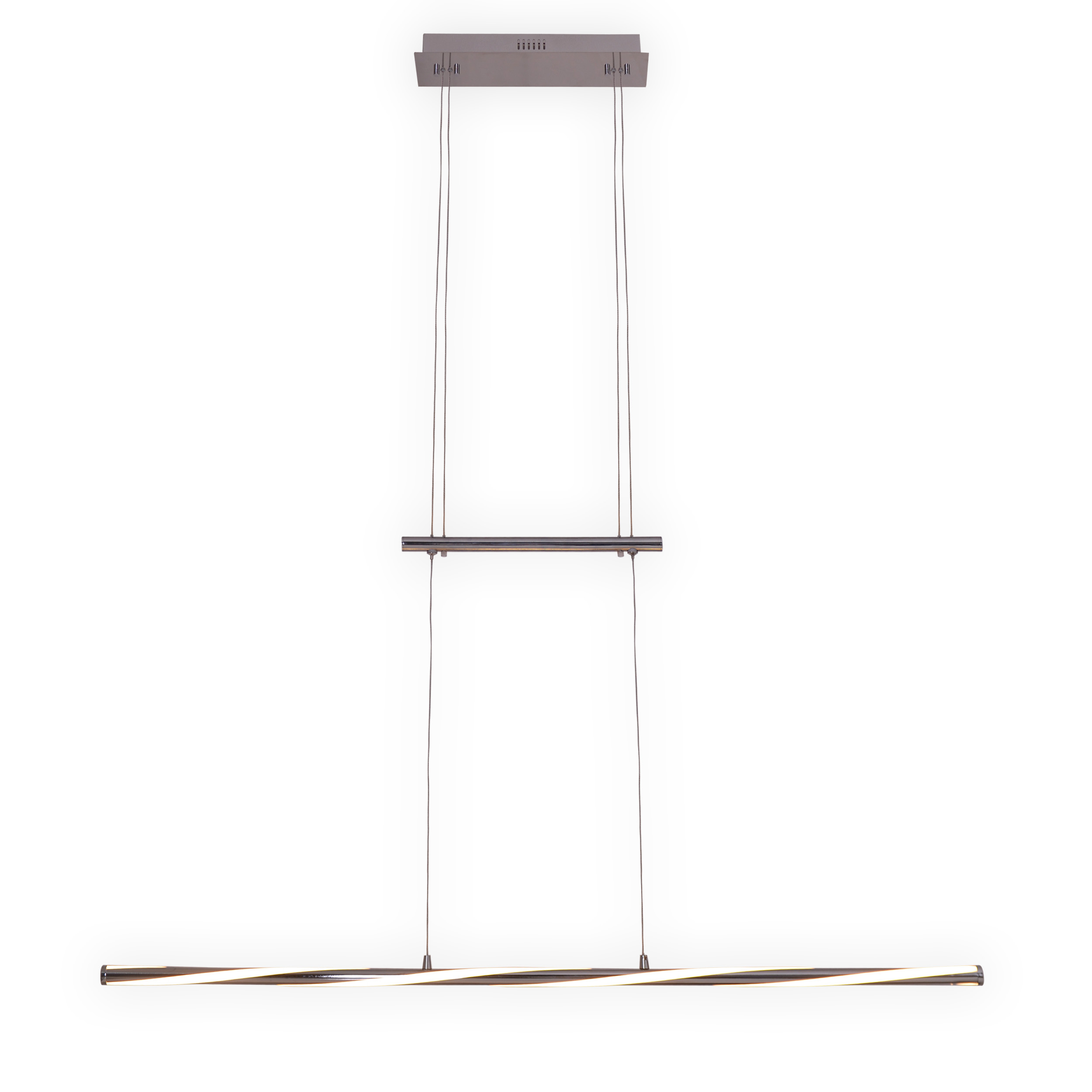 Silberne, moderne Pendelleuchte mit einer langen, verdrehten, gebogenen Lichtquelle.