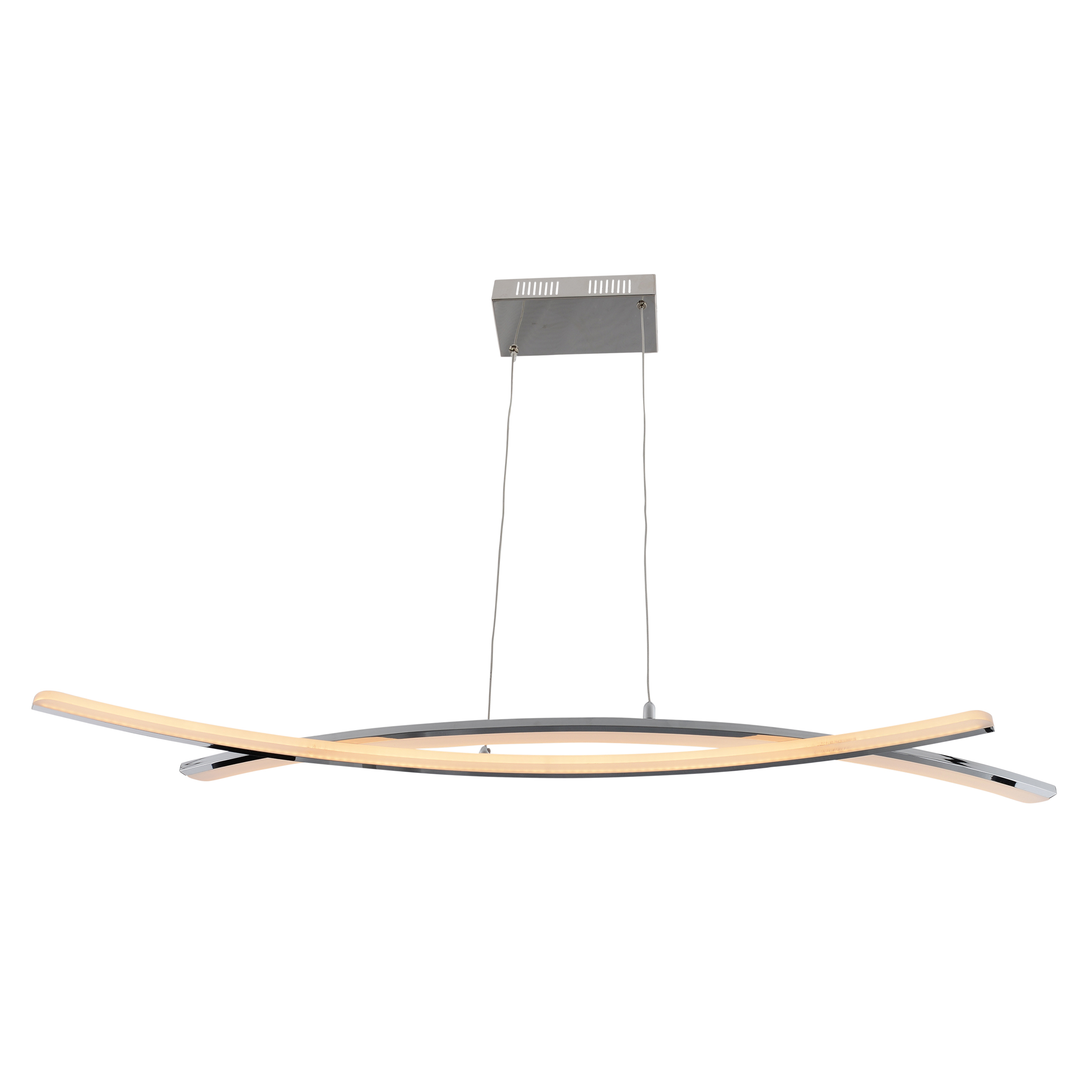 Eine moderne silberne Pendelleuchte mit zwei sich kreuzenden, gebogenen Armen und einem Lichtstreifen im Inneren.