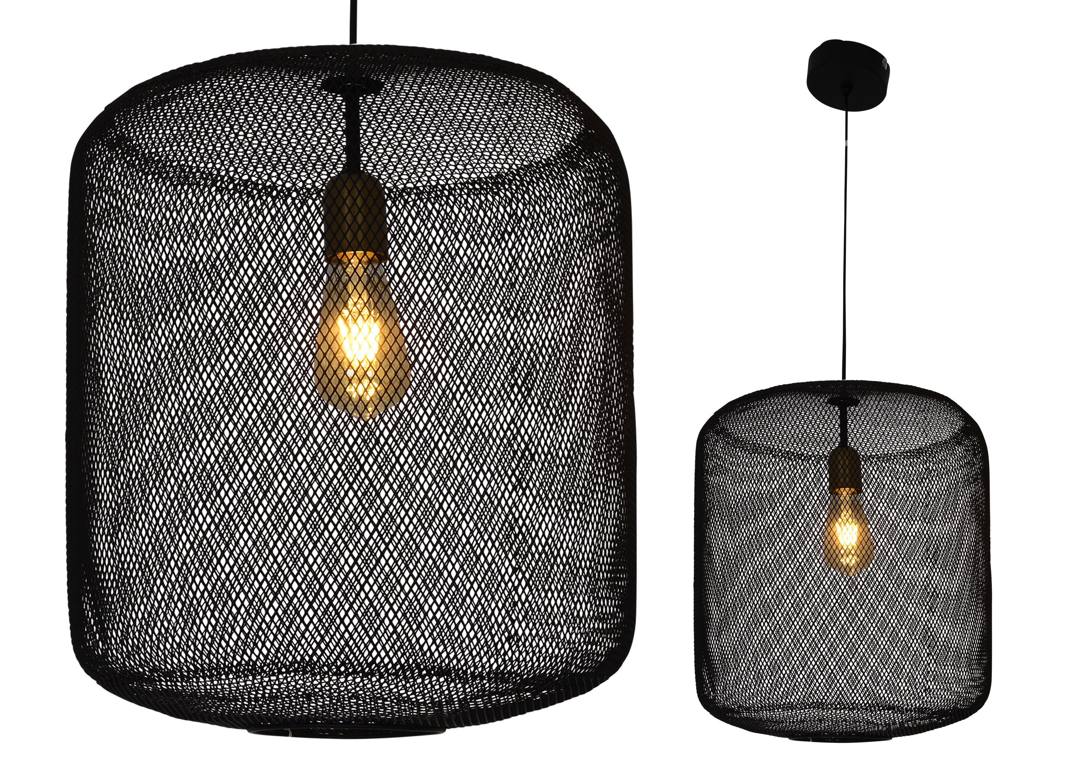 Zwei schwarze Pendelleuchten mit Mesh-Design, jede mit einer Glühbirne, auf weißem Hintergrund.