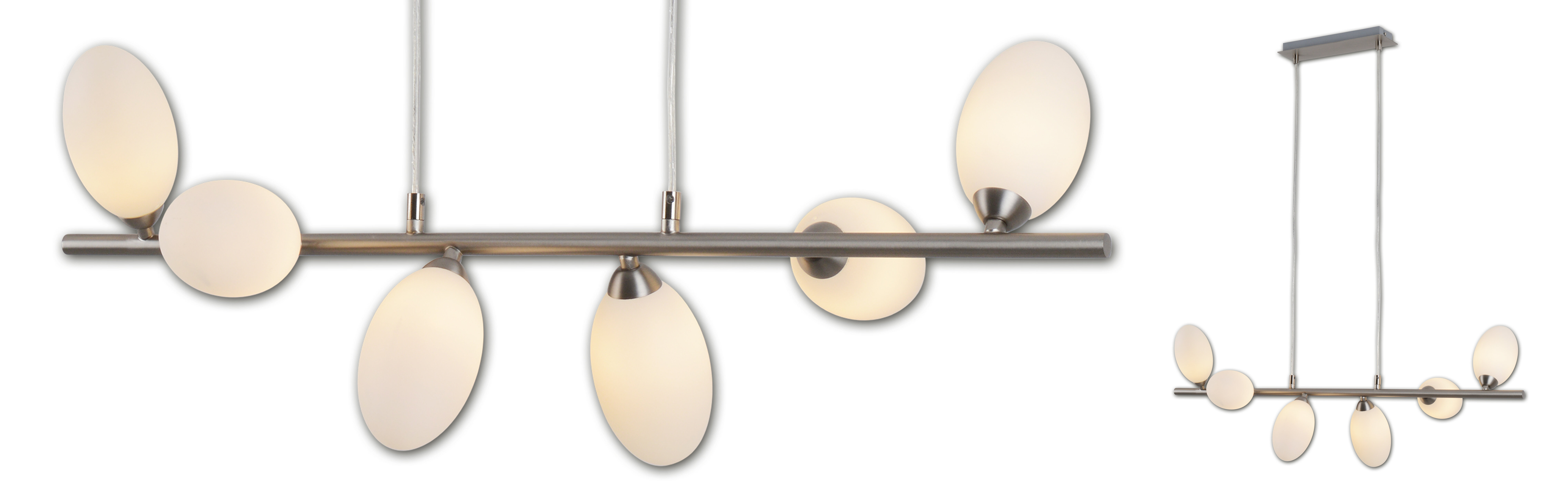 Eine moderne Pendelleuchte mit ovalförmigen weißen Lichtern an einer Metallstange, an einer Decke.