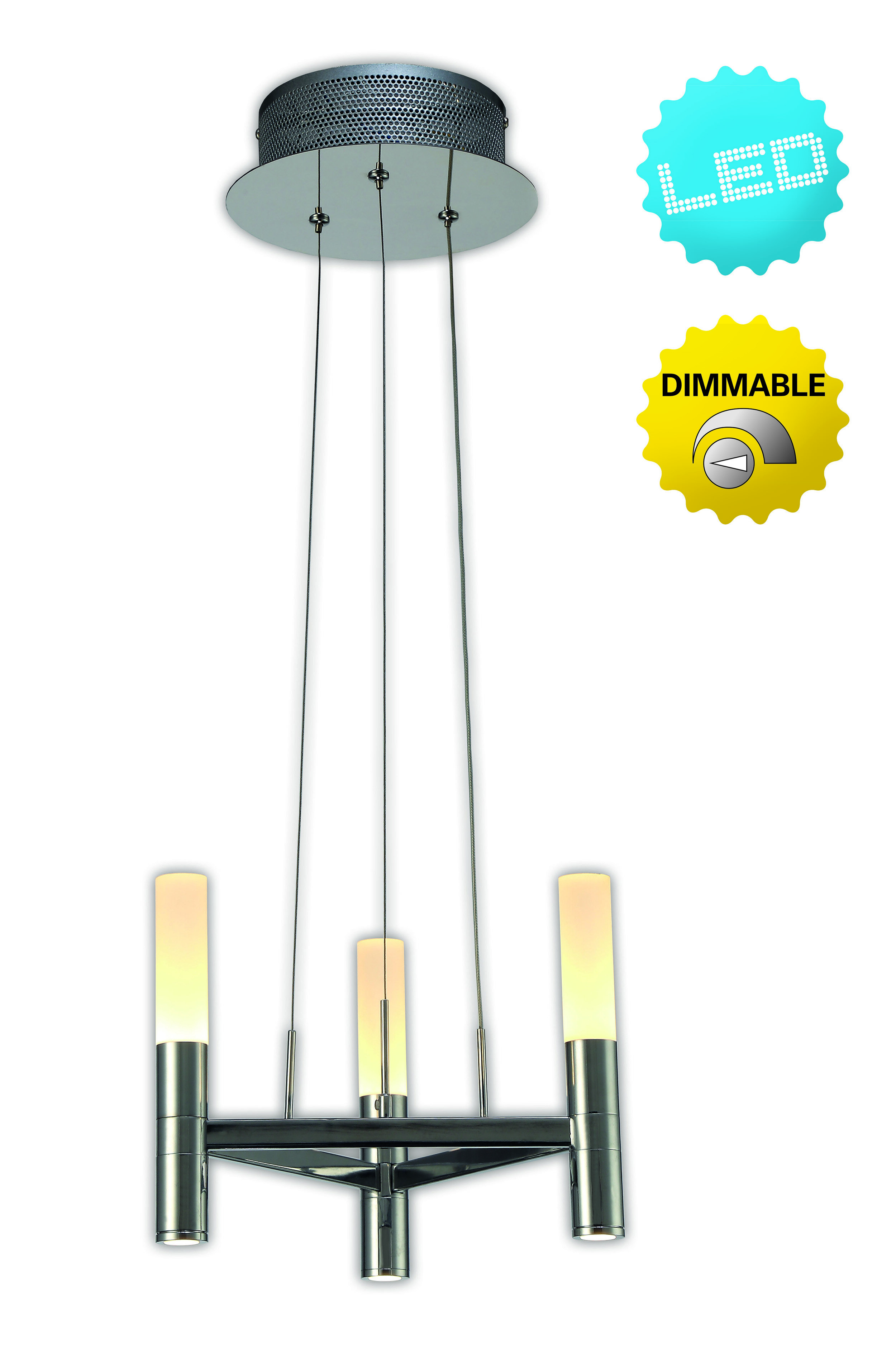 Eine moderne Pendelleuchte mit kreisförmigem Silberoberteil, drei Lichtröhren und zwei LED- und dimmbaren Etiketten.