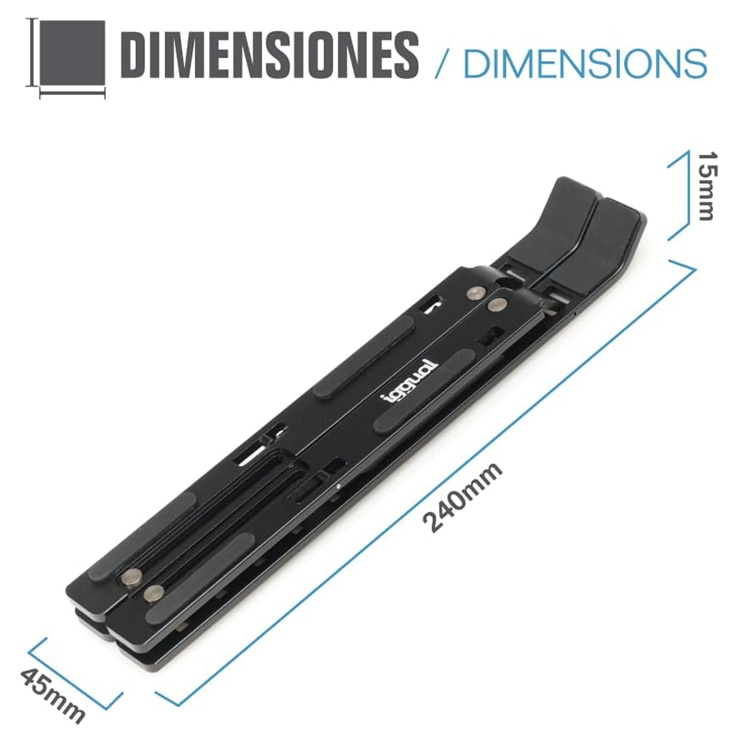 Diagramm mit Abmessungen eines schwarzen Laptop-Ständers; 240 mm lang, 45 mm breit und 15 mm hoch.