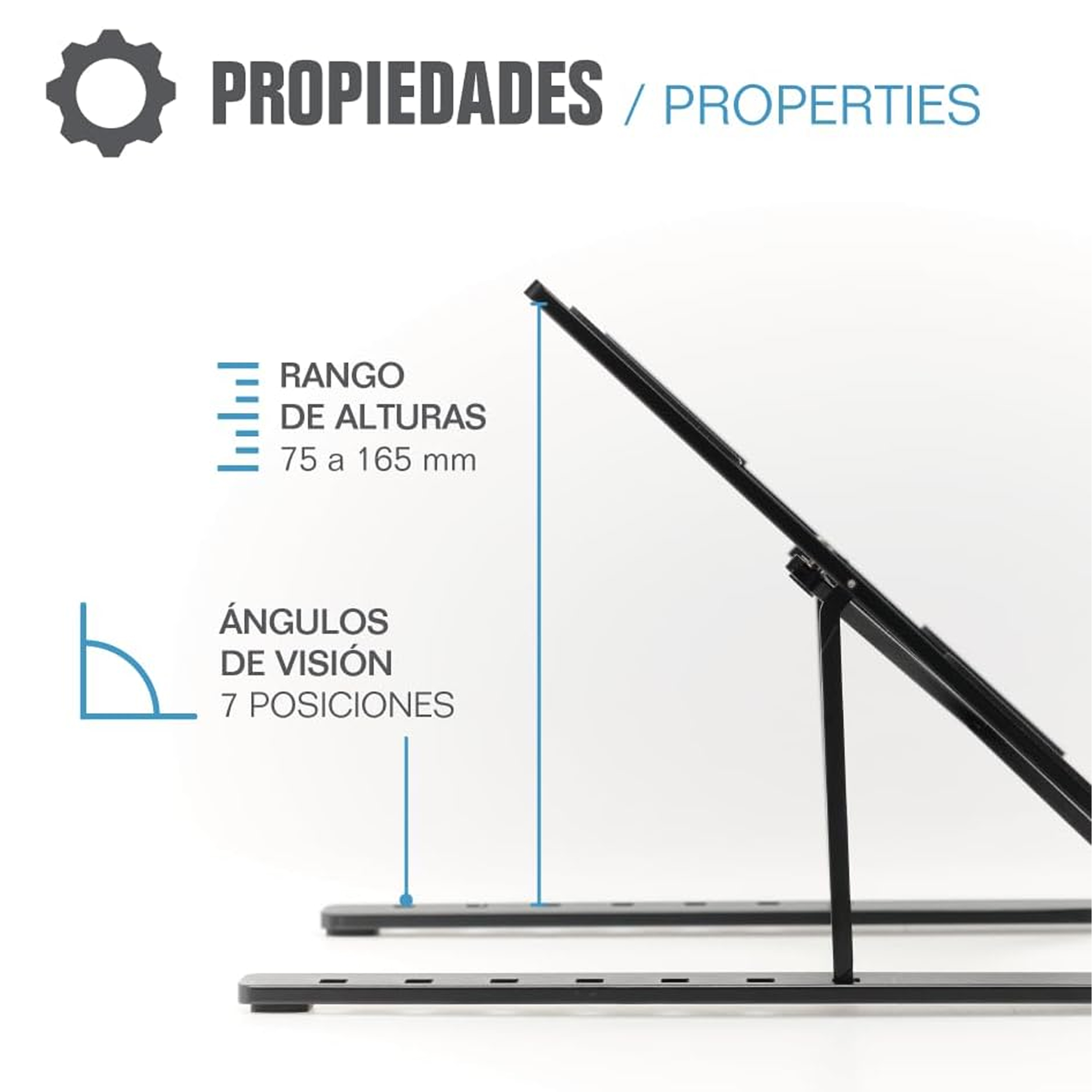 Diagramm, das einen Laptop-Ständer mit einstellbarer Höhe und Betrachtungswinkeln zeigt, mit spanischem Text.
