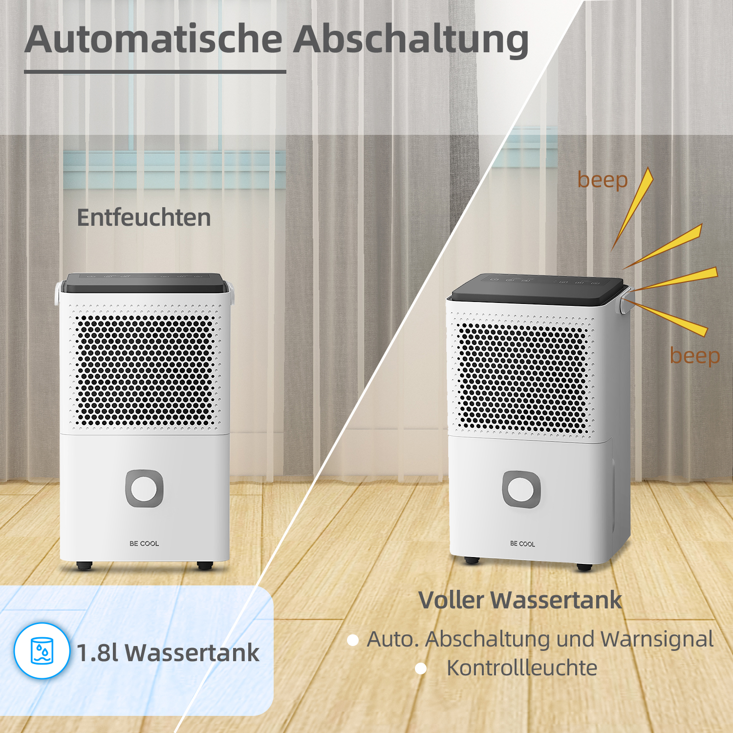 Zwei Bilder eines weißen Luftentfeuchters, eines mit vollem Wassertank, das andere beim Trocknen. Text auf Deutsch.