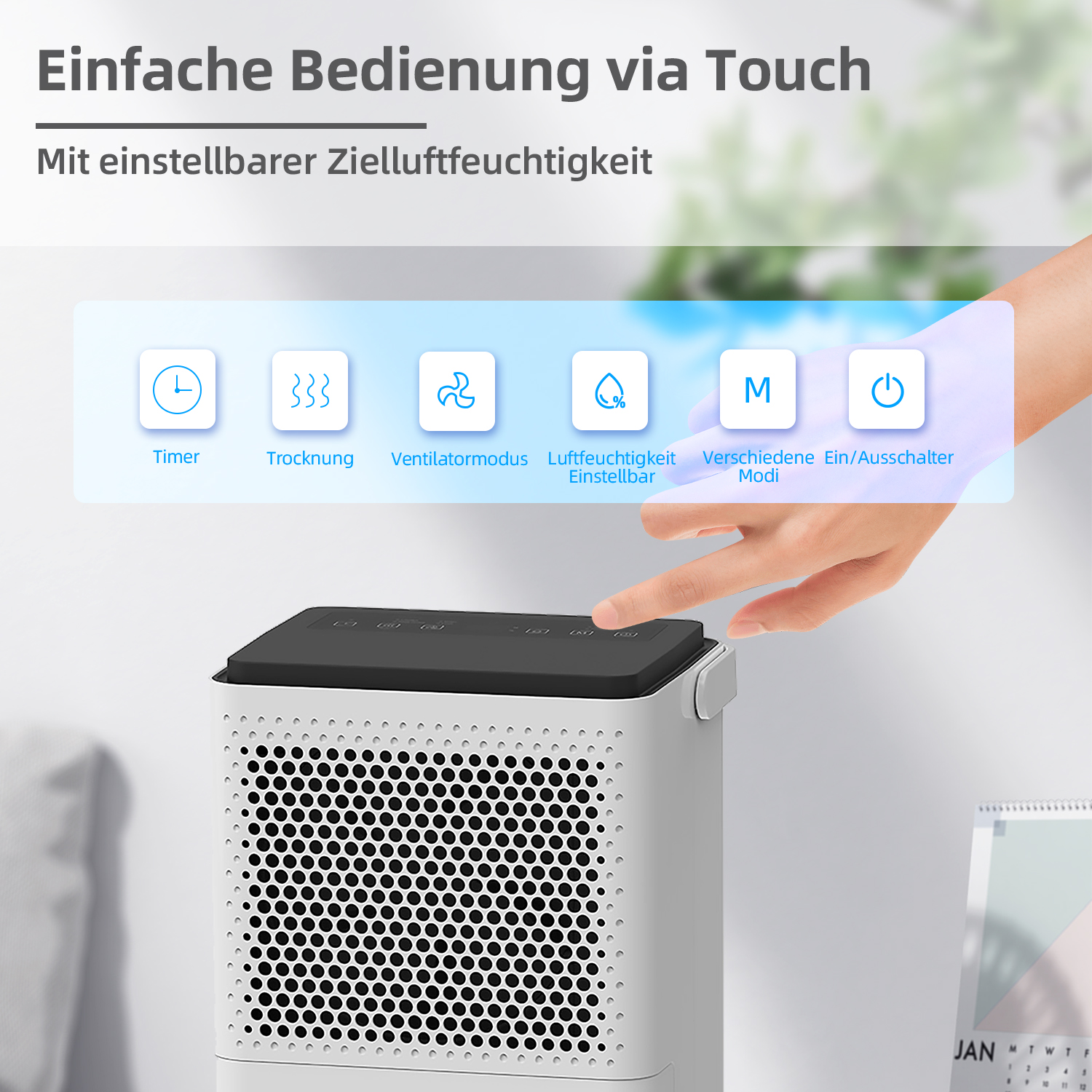 Nahaufnahme eines Luftentfeuchters mit Touch-Bedienelementen. Das Bild zeigt verschiedene Funktionssymbole.