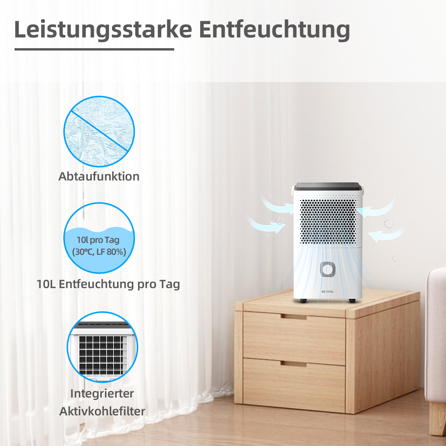 Luftentfeuchter auf einem Holzschrank, mit Symbolen, die seine Funktionen zeigen. Der Text ist auf Deutsch.