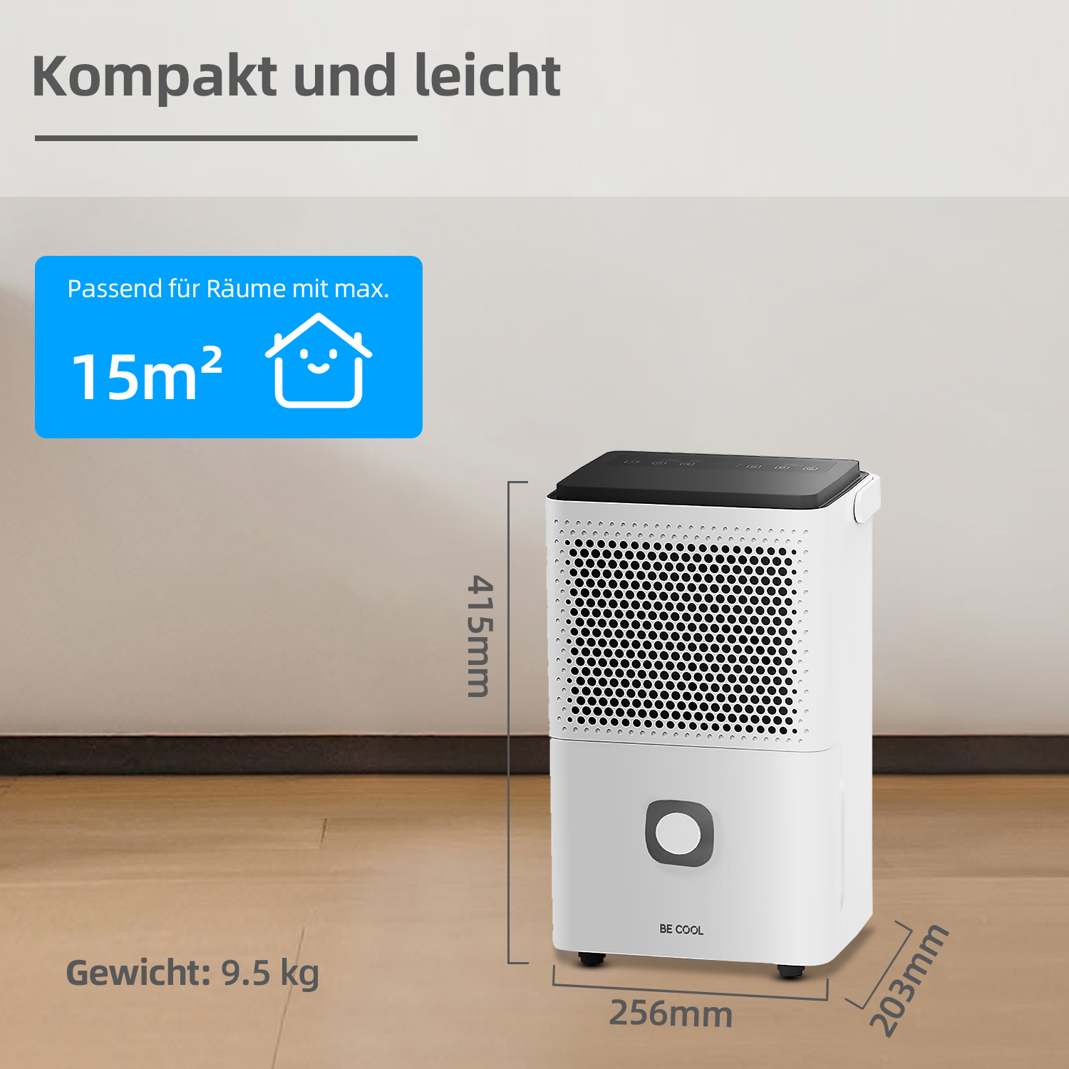 Weißer Luftkühler mit schwarzem Oberteil, Abmessungen: 415mm Höhe, 256mm Breite, 203mm Tiefe.