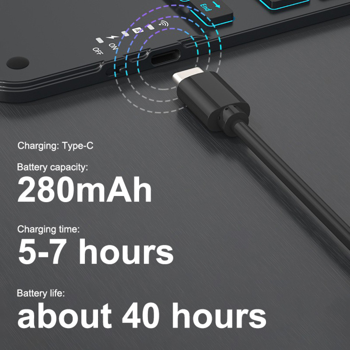 Das Bild zeigt Ladeinformationen: Typ-C-Aufladung, 280mAh-Batterie, 5-7 Stunden Ladezeit, 40 Stunden Batterielebensdauer.