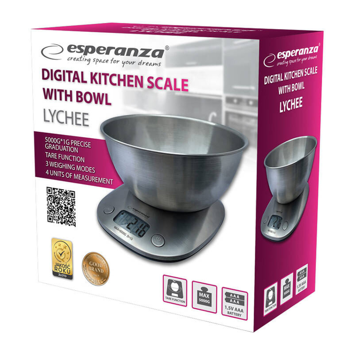 Una bilancia da cucina di Esperanza, con display digitale e ciotola in acciaio inossidabile, all'interno della sua confezione.