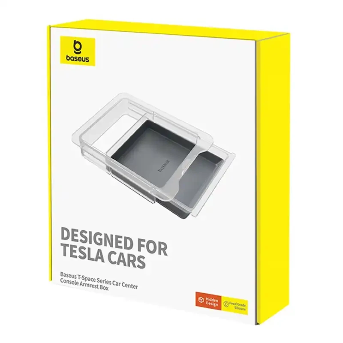 Pudełko z logo Baseus, zaprojektowane dla samochodów Tesla. Wyświetla przezroczyste pudełko podłokietnika. Pudełko ma żółte krawędzie.