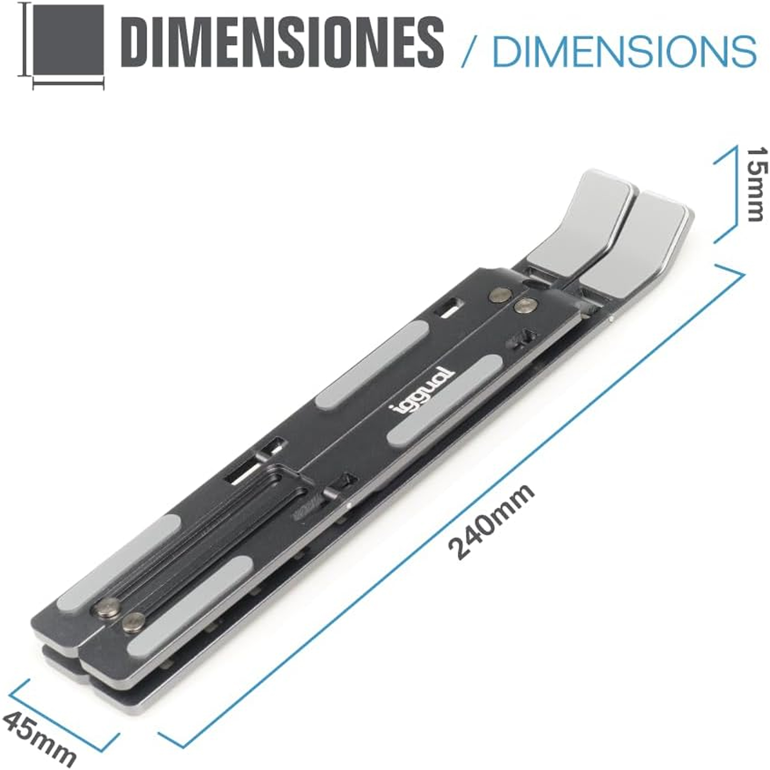 Un soporte para portátil negro y gris, plegado. Las dimensiones están etiquetadas. La marca 'iggual' es visible.