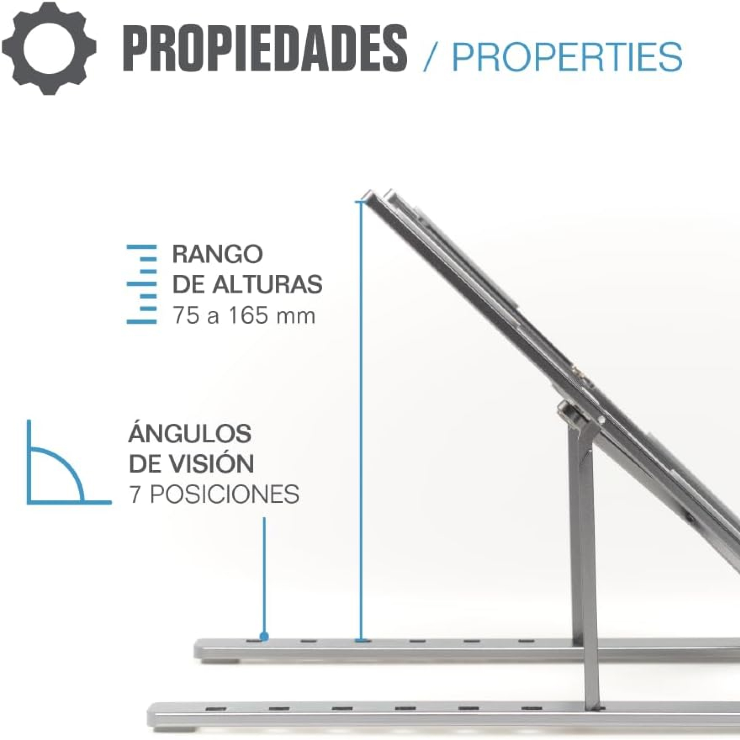 Un producto que muestra un soporte para portátil con detalles de ajuste de altura y ángulo, con texto en español.