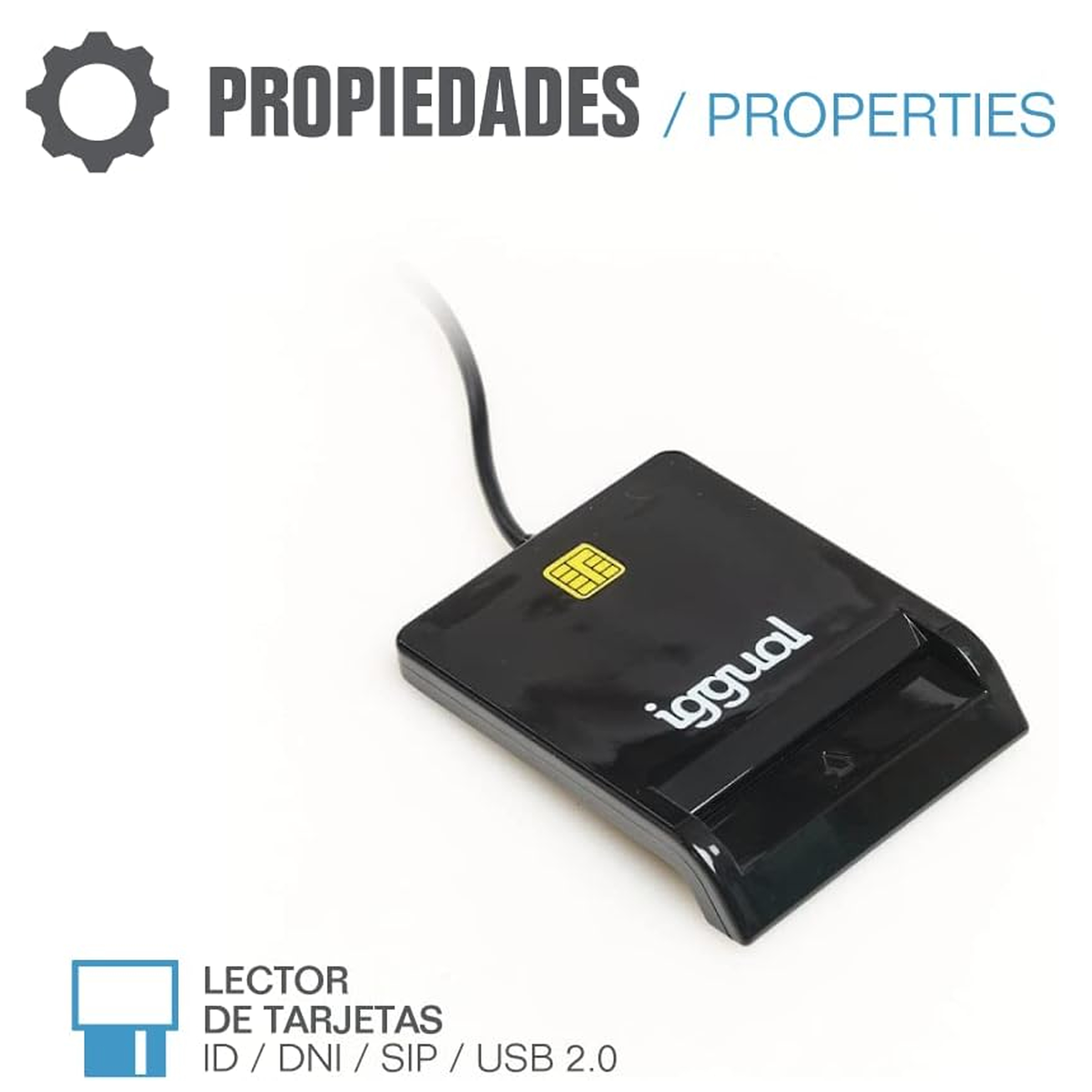 Lettore di schede nero con cavo USB, scheda SIM all'interno, con testo sullo sfondo.