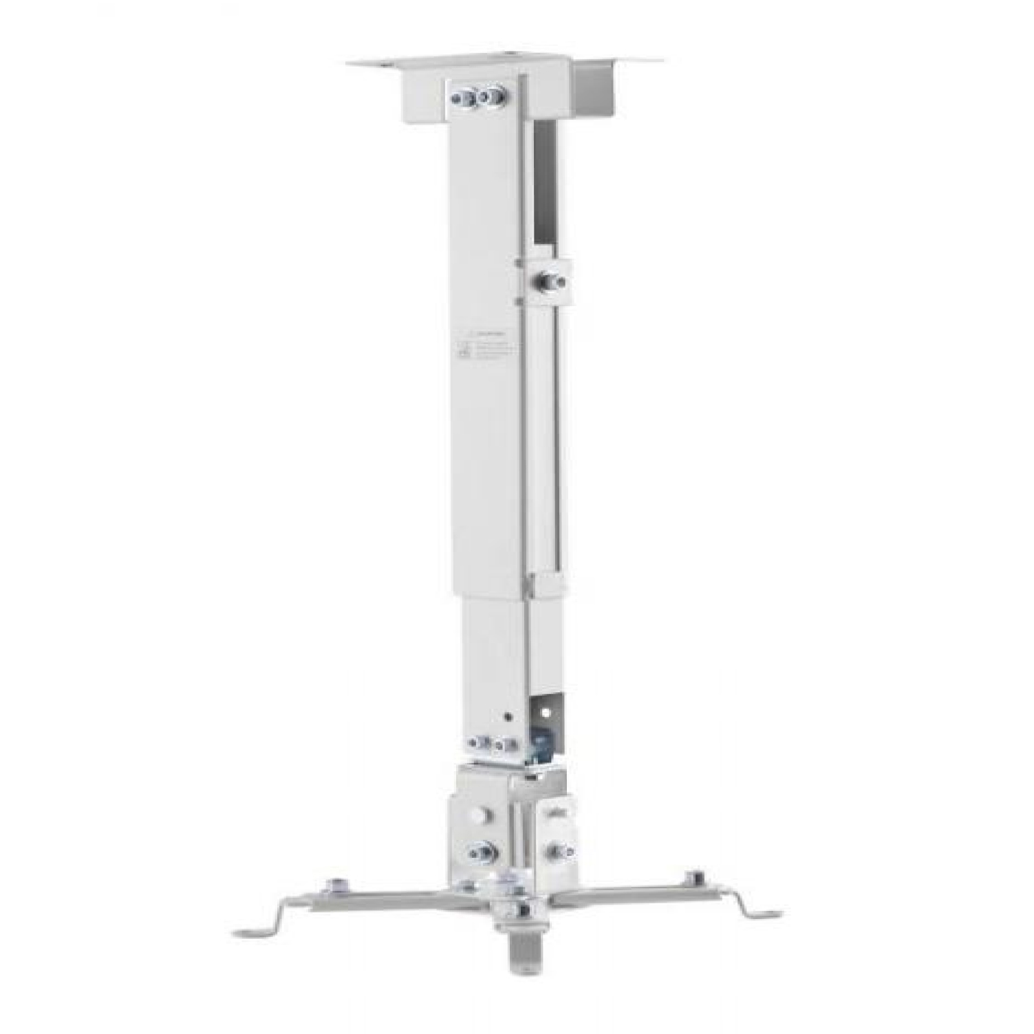 Biały uchwyt do projektora z regulowaną wysokością i podstawą. Jest na białym tle.