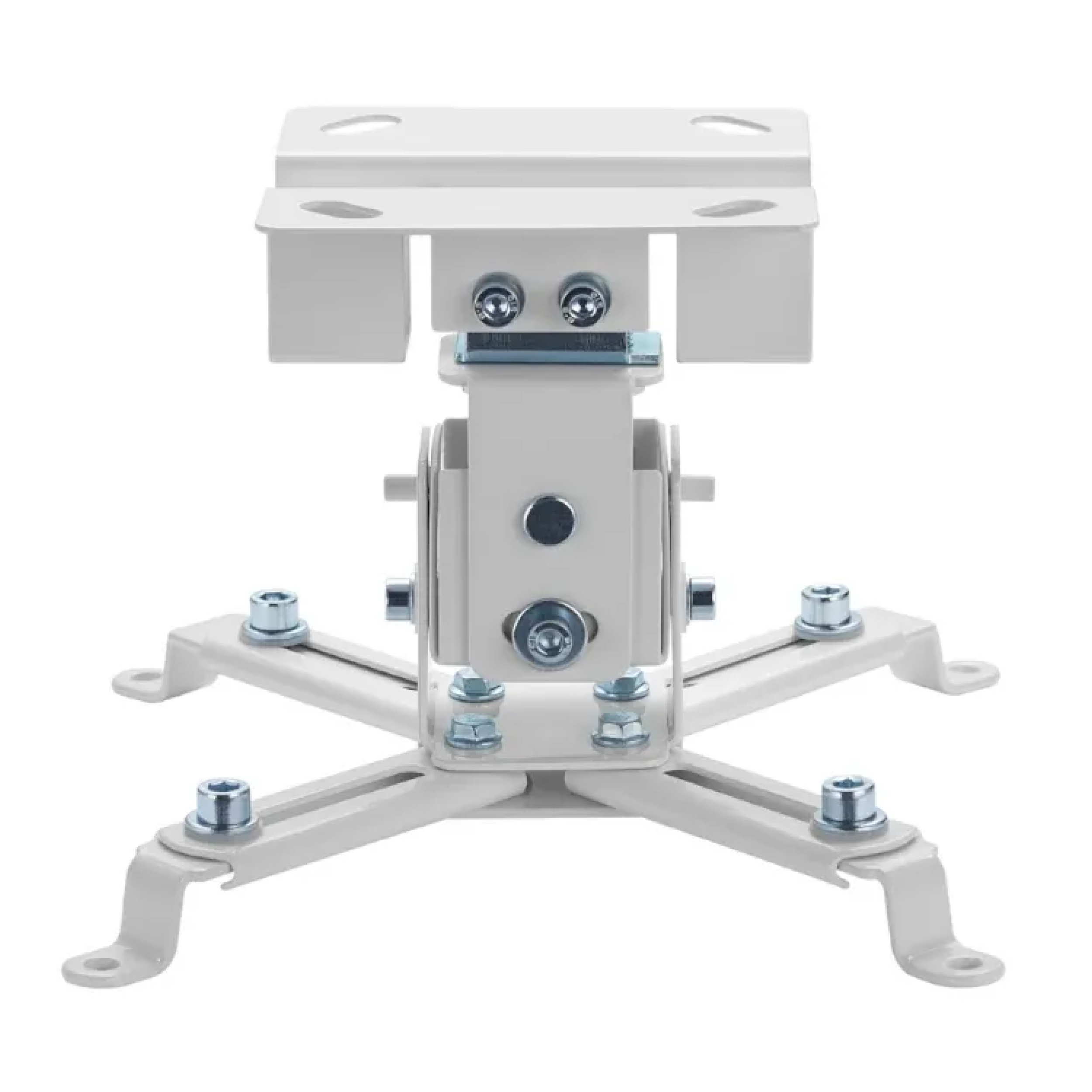 Biały uchwyt do projektora z regulowanymi ramionami i śrubami. Jest na białym tle.